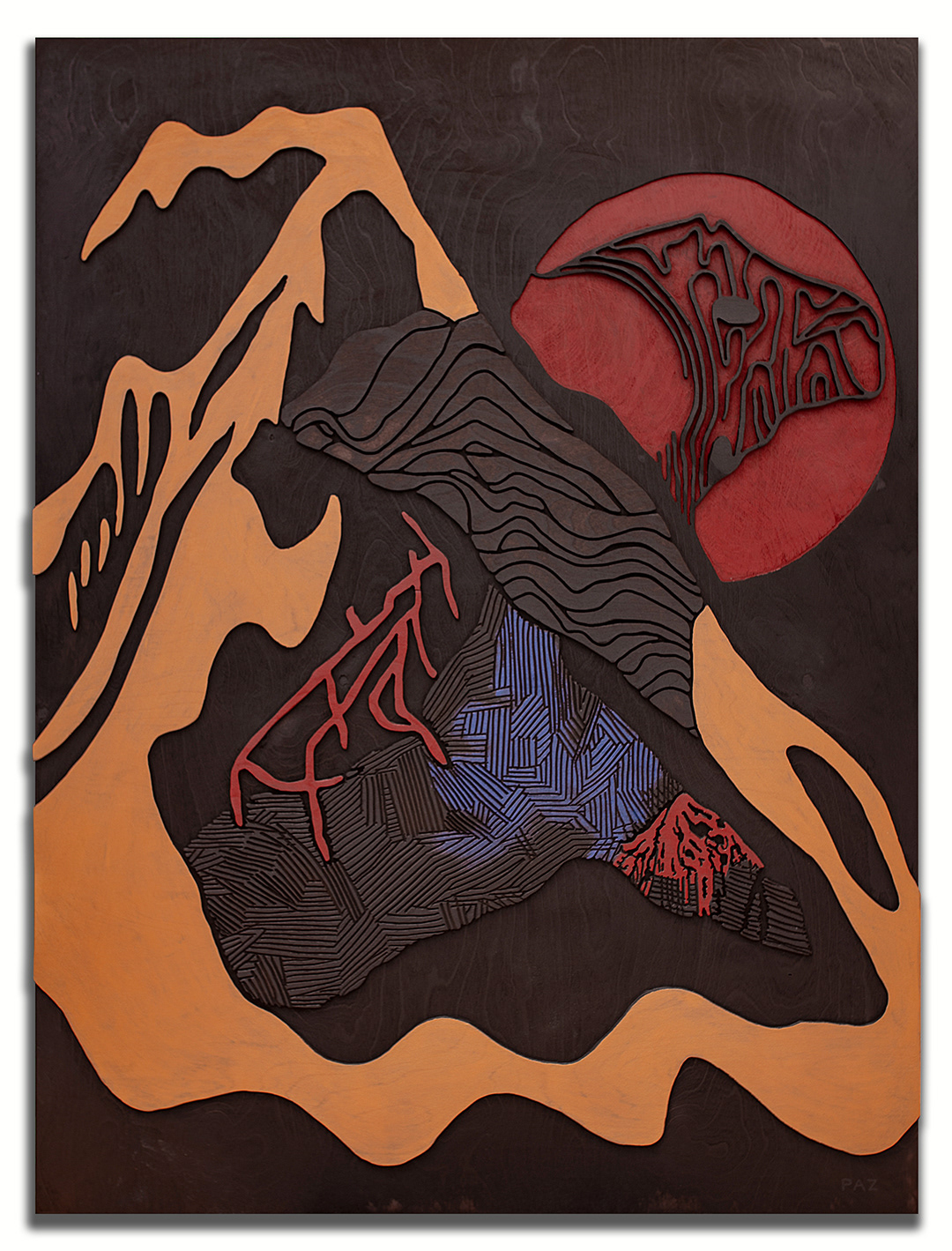 SOLARIS 3 | Acrylique, teinture sur bois sculpté / Acrylic, stain on sculpted wood | 48" x 36" | 2025