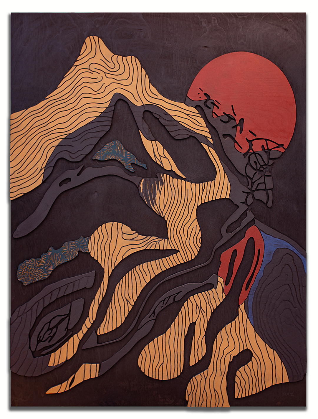 SOLARIS 1 | Acrylique, teinture sur bois sculpté / Acrylic, stain on sculpted wood | 48" x 36" | 2025