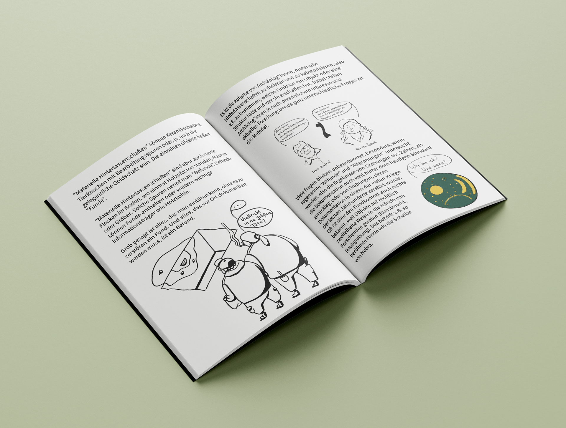 Beispiel davon, wie Illustrationen einen informativen Text zum Thema Archäologie begleiten und verständlich machen können.