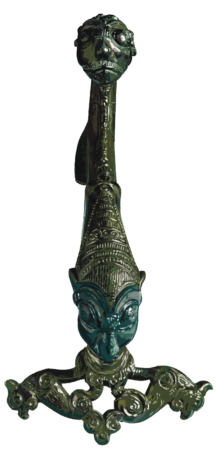 detaillierte dogitale Illustration einer grün angelaufenen Bronzefibel, die mit Masken (Gesichtern) verziert ist