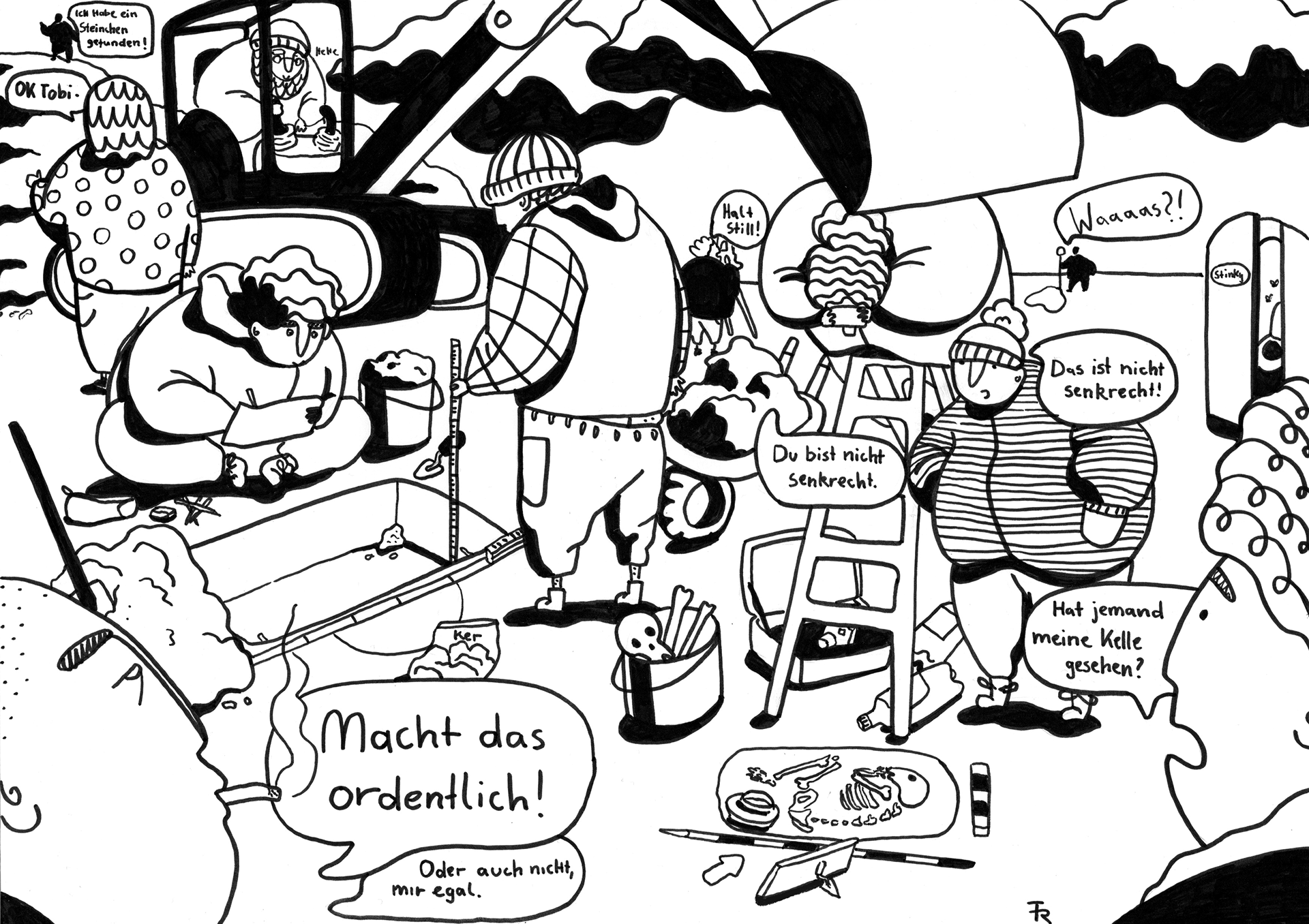 schwarzweißes Wimmelbild, das den Arbeitsalltag auf einer archäologischen Ausgrabung zeigt. Zu sehen sind Personen, die einen Befund zeichnerisch dokumentieren, jemand fotografiert einen Befund im Planum, eine Person sitzt im Bagger und im Hintergrund sind zwei Personen beim tachymetrischen Vermessen der Fläche zu sehen sowie ein ekliges Baustellenklo