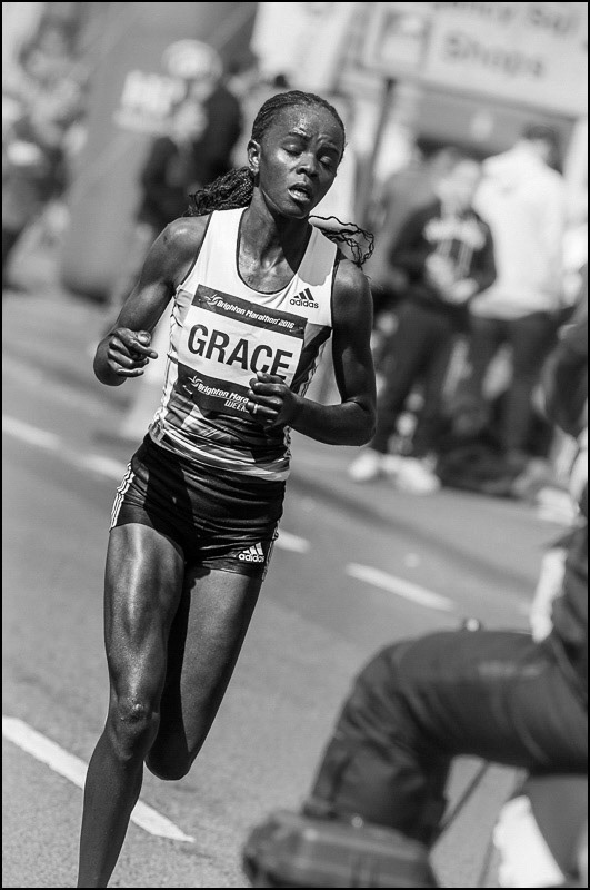Womens' winner Grace Momanyi of Kenya, Brighton Marathon, 2016.