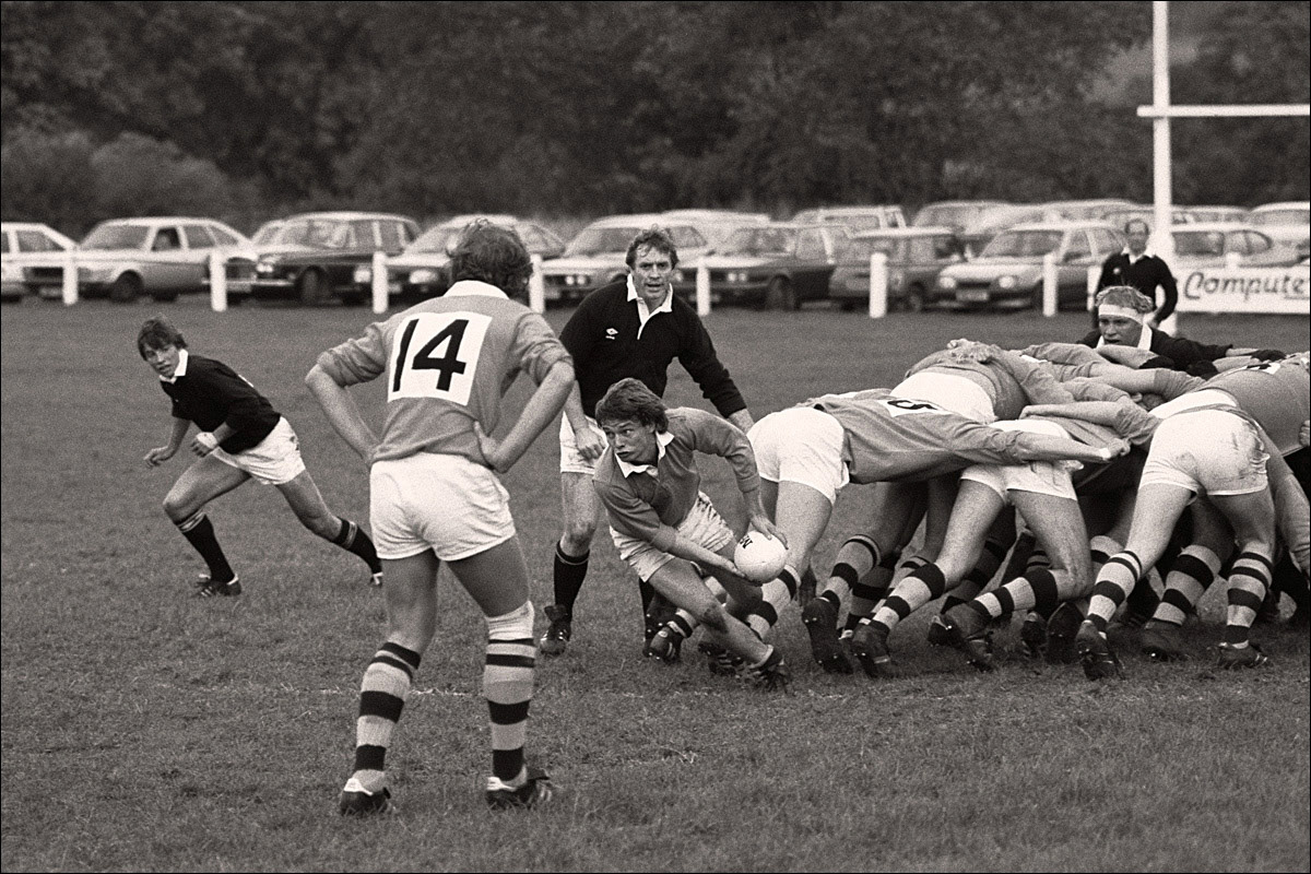 14 - Dick Greenwood XV vs. Wilmslow, October 1984. Howard Fitton (scrum-half with the ball), Steve Smith (opposing scrum-half) and Rob Andrew (stand-off).