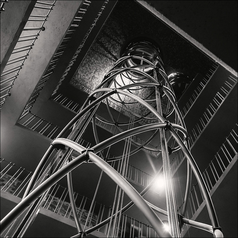 The lift-shaft inside the atronomical clock tower in Prague.