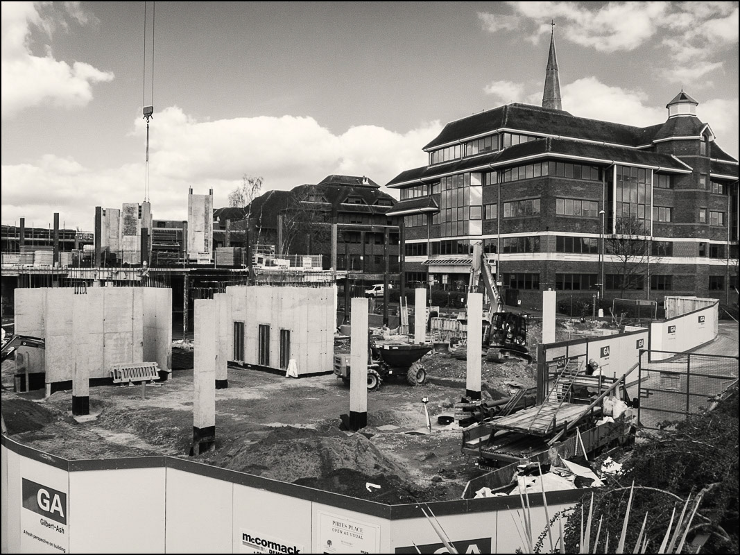   March 21st | Demolition VI  New concrete pillars appearing amid the remains of the old Waitrose building in Pirie's Place, Horsham.