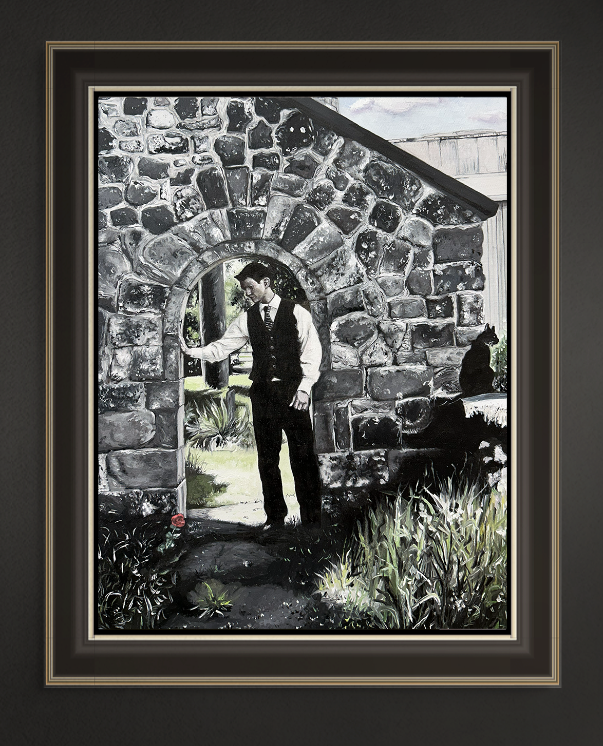 Katze und Rose, 40x30 cm, 2026, Öl auf Leinwand