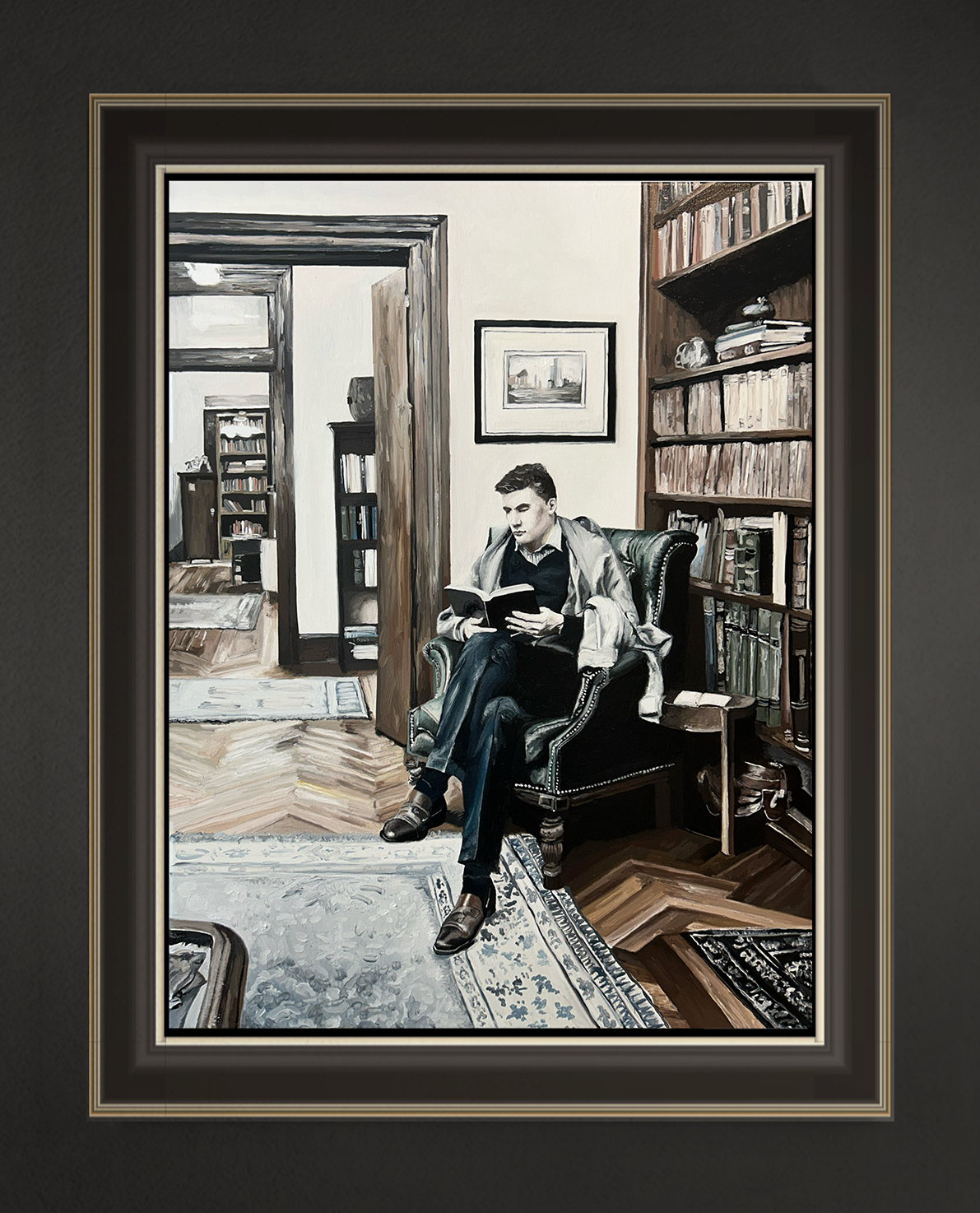 Buchleser, 80x60 cm, 2026, Öl auf Leinwand