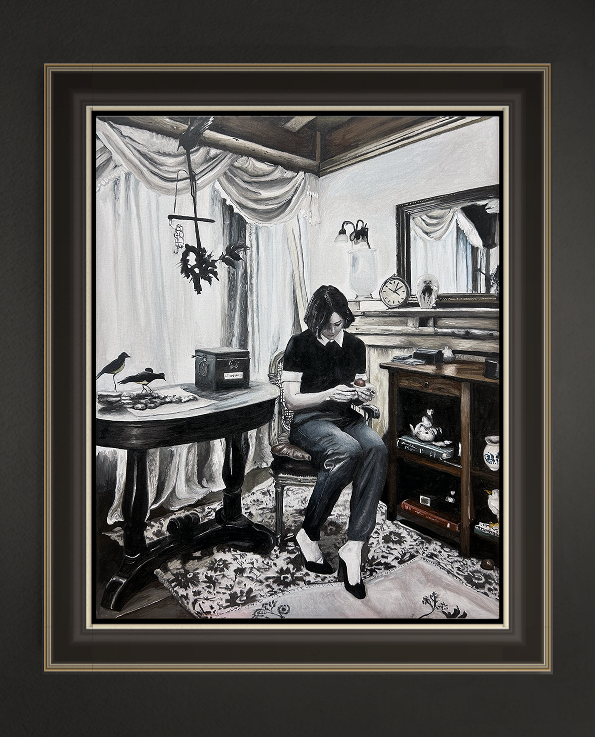 Melinda und ihre Vögel, 50x40 cm, 2026, Öl auf Leinwand