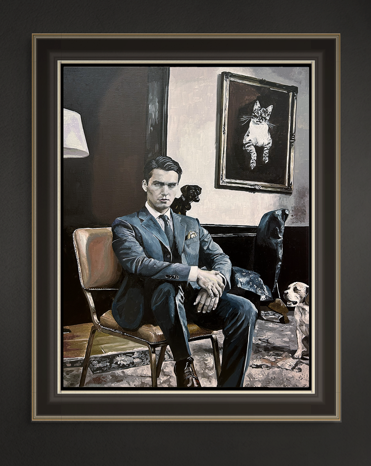  Katzenfreund mit Hunden, 80x60 cm, 2025, Öl auf Leinwand