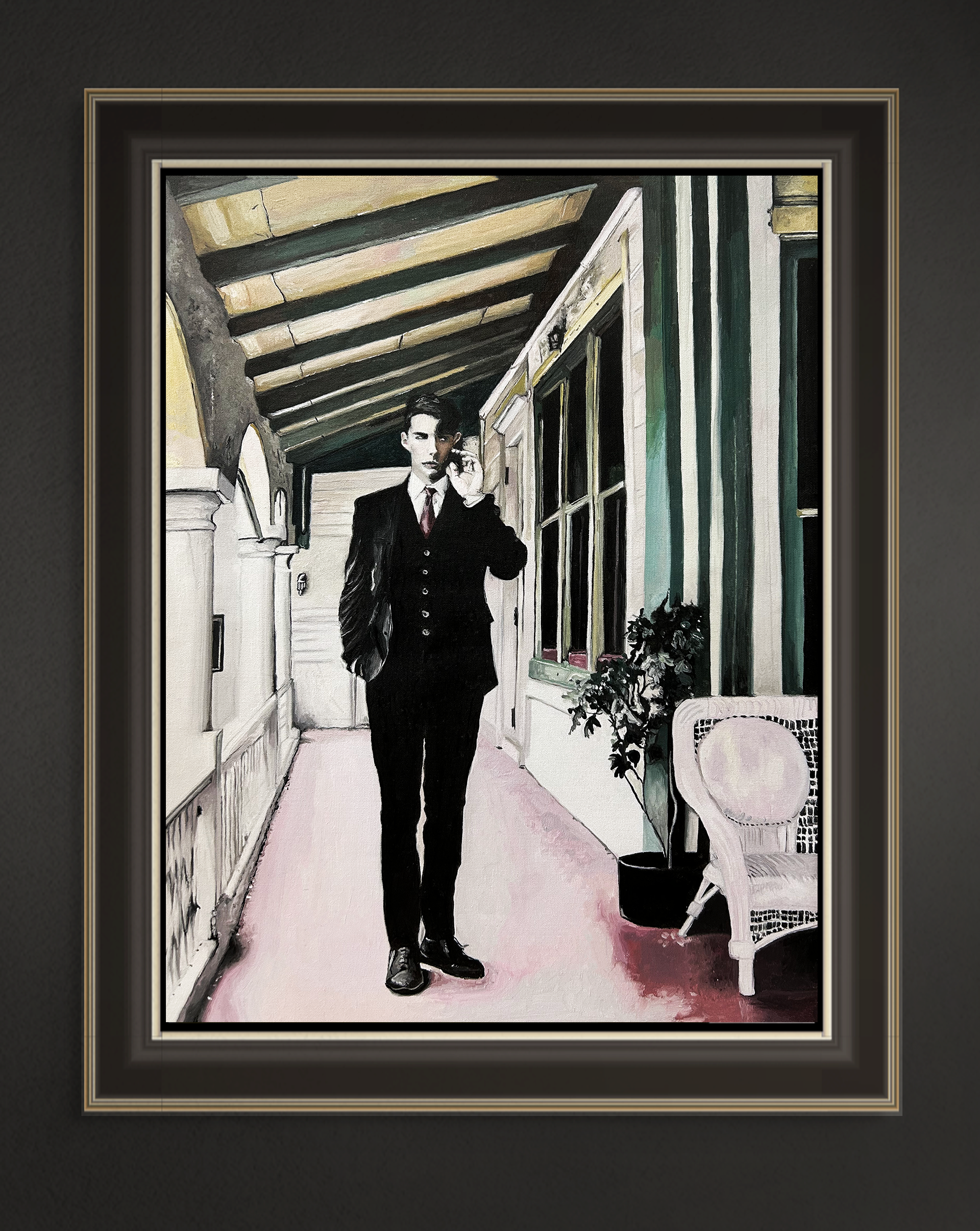 Junger Mann auf Veranda, 40x30 cm, 2026, Öl auf Leinwand