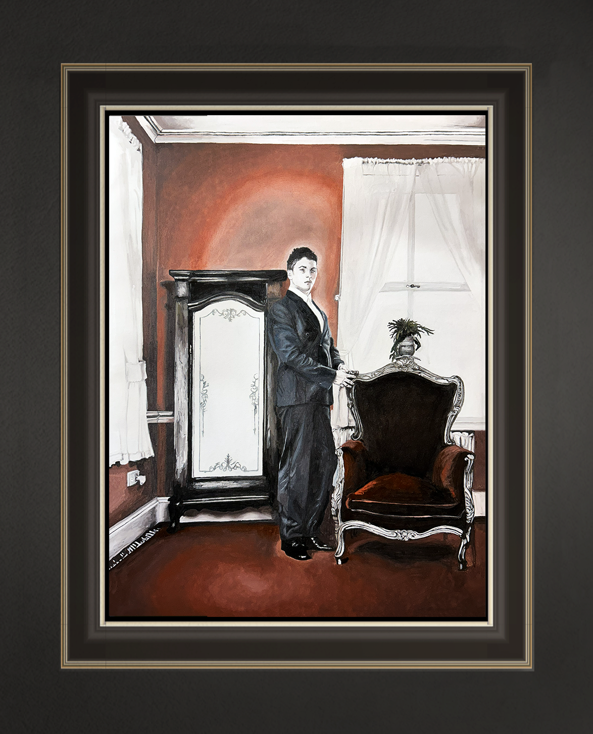 Elias im roten Zimmer, 60x50 cm, 2026, Öl auf Leinwand