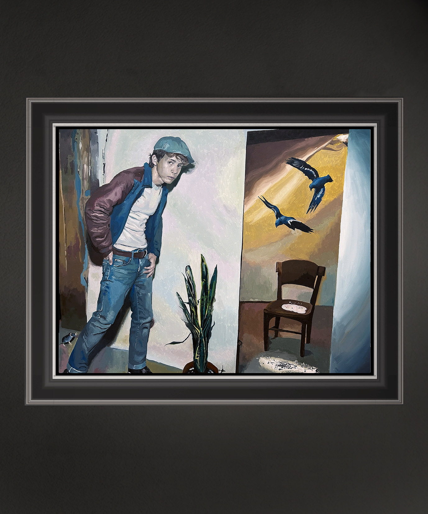 Für den Letzten steht ein Stuhl bereit, 60x75 cm, 2025, Öl auf Leinwand