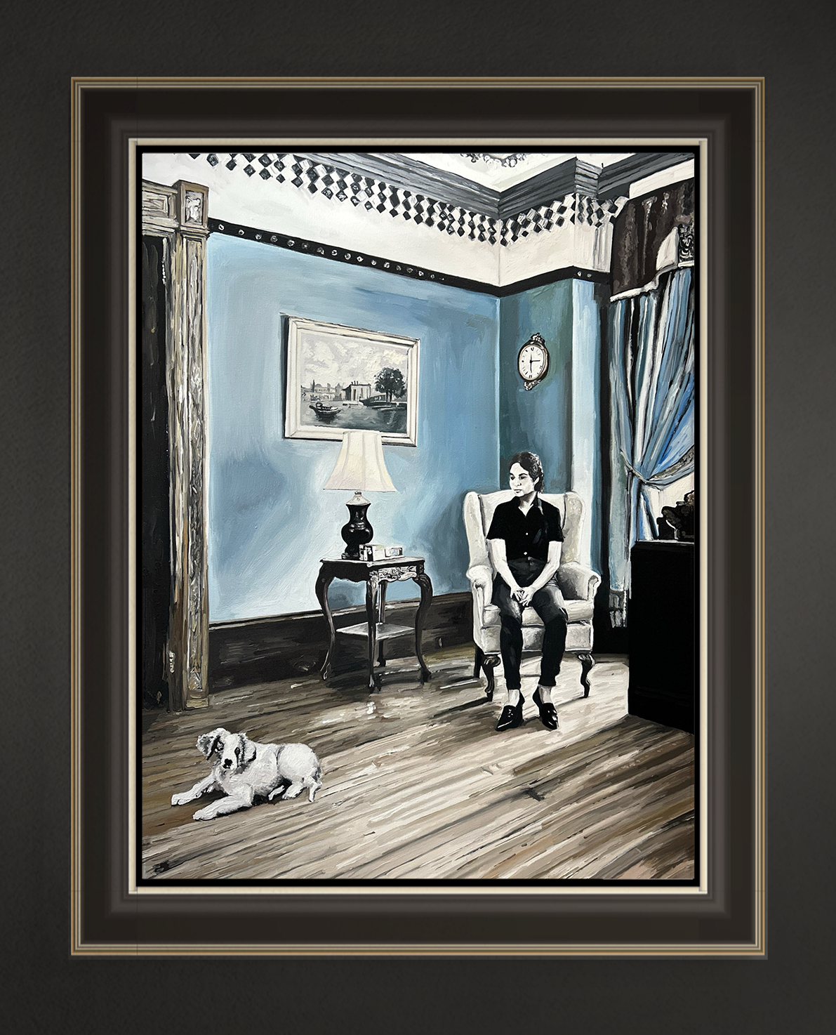 Eine Frau sieht nach ihrem Hund, 80x60 cm, 2026, Öl auf Leinwand