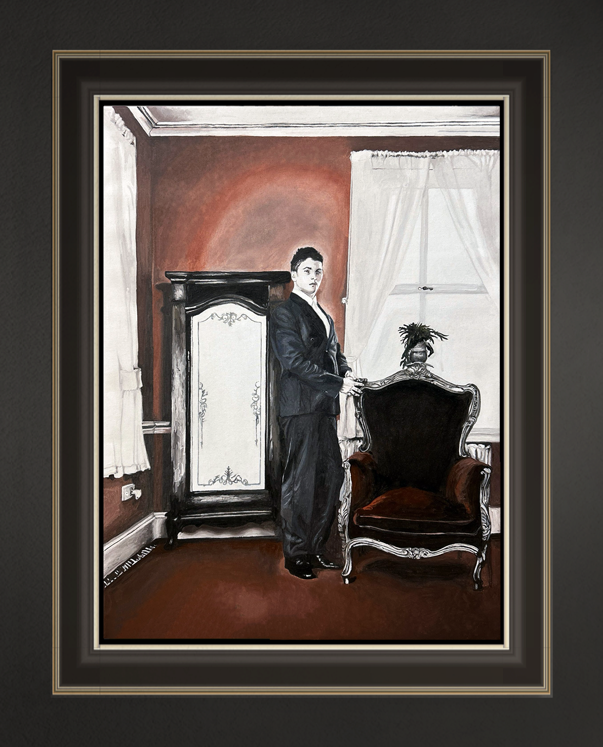 Elias im roten Zimmer, 60x50 cm, 2026, Öl auf Leinwand