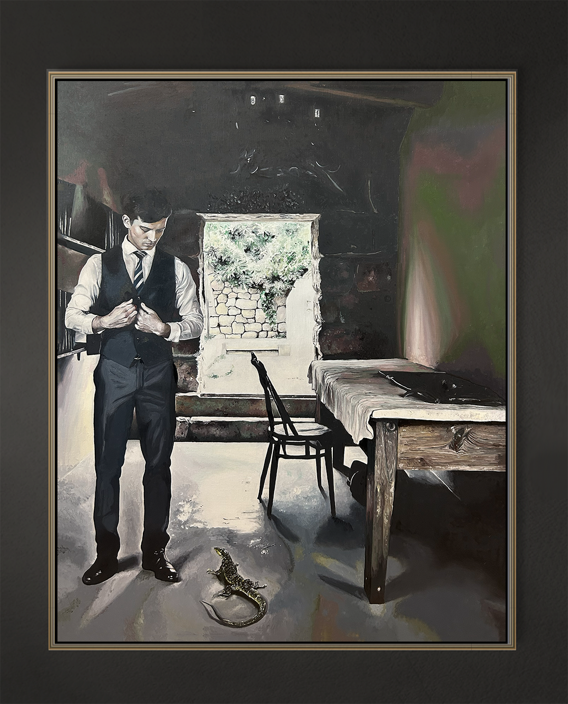 Begegnung (mit Echse), 100x80 cm, 2025, Öl auf Leinwand