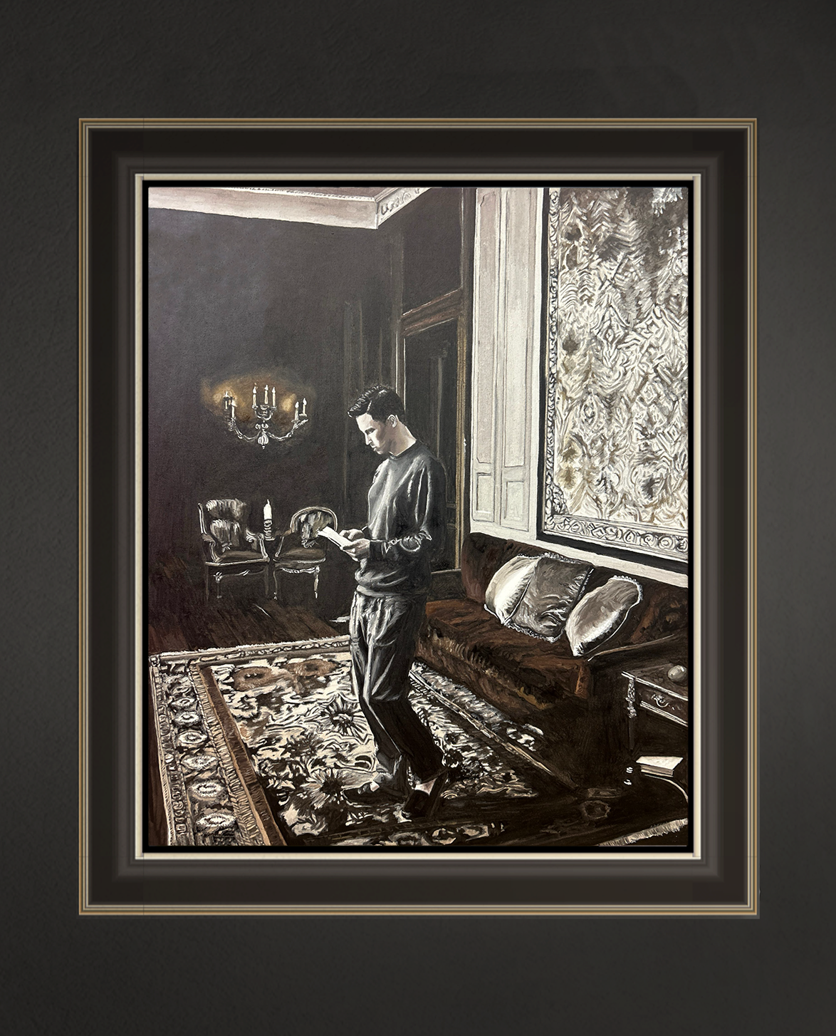 Brieflesender junger Mann, 60x50 cm, 2026, Öl auf Leinwand
