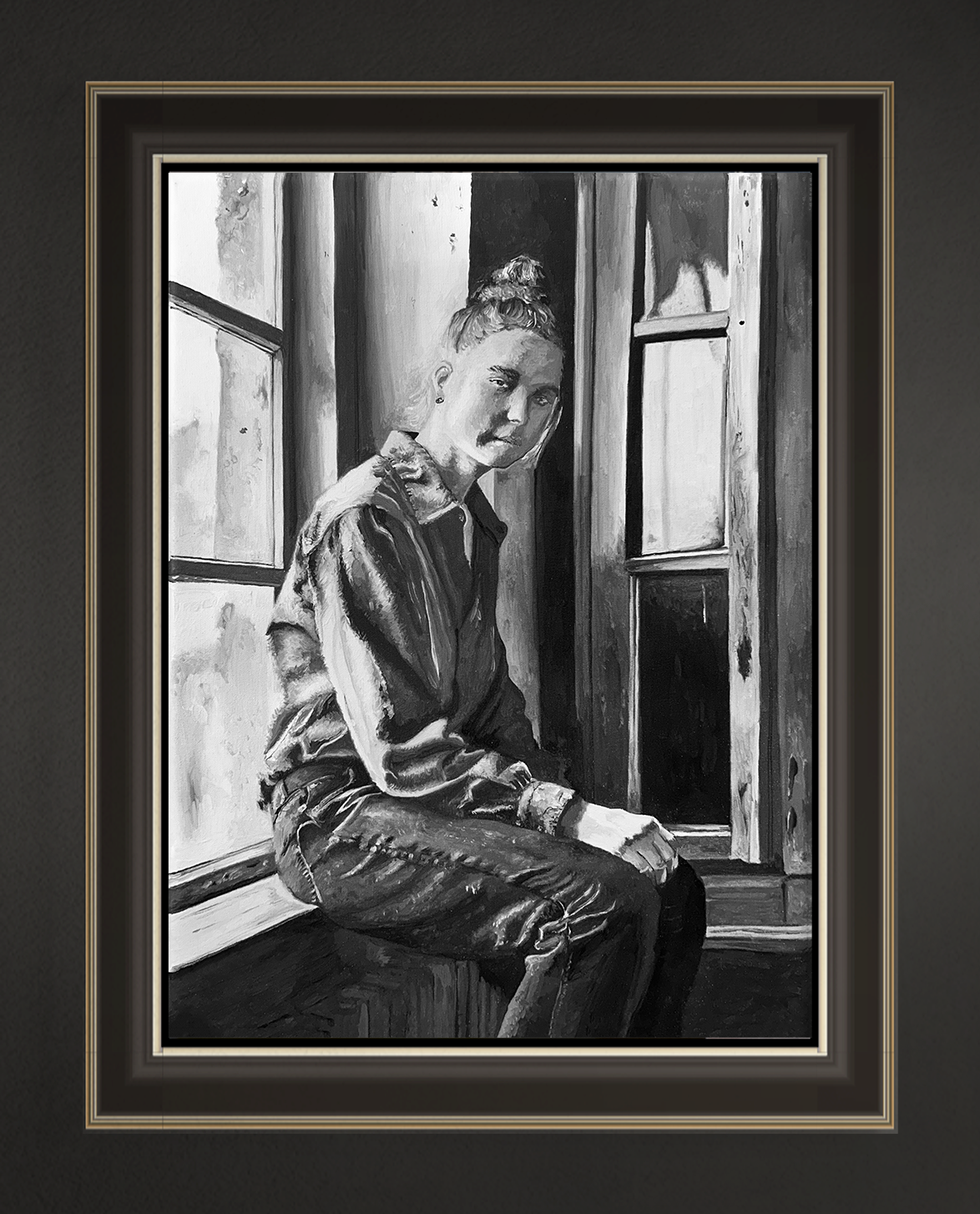 Mädchen auf Fensterbank, 40x30 cm, 2026, Öl auf Leinwand