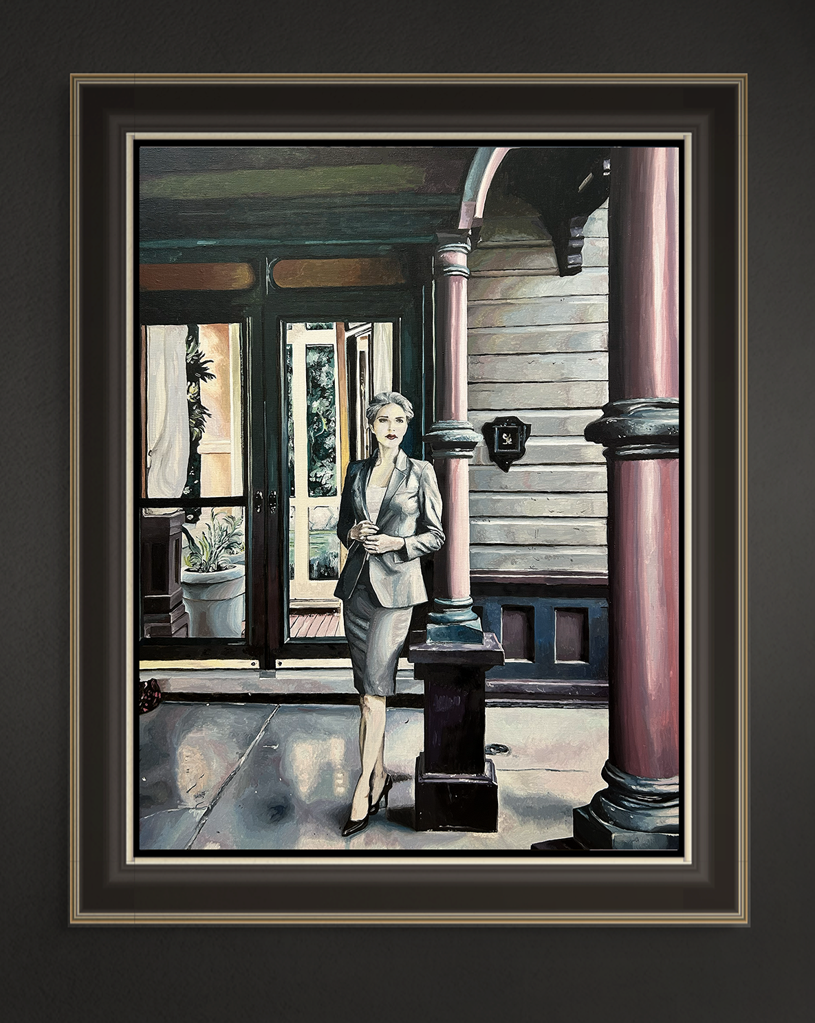 Dame auf Veranda, 80x60 cm, 2025, Öl auf Leinwand