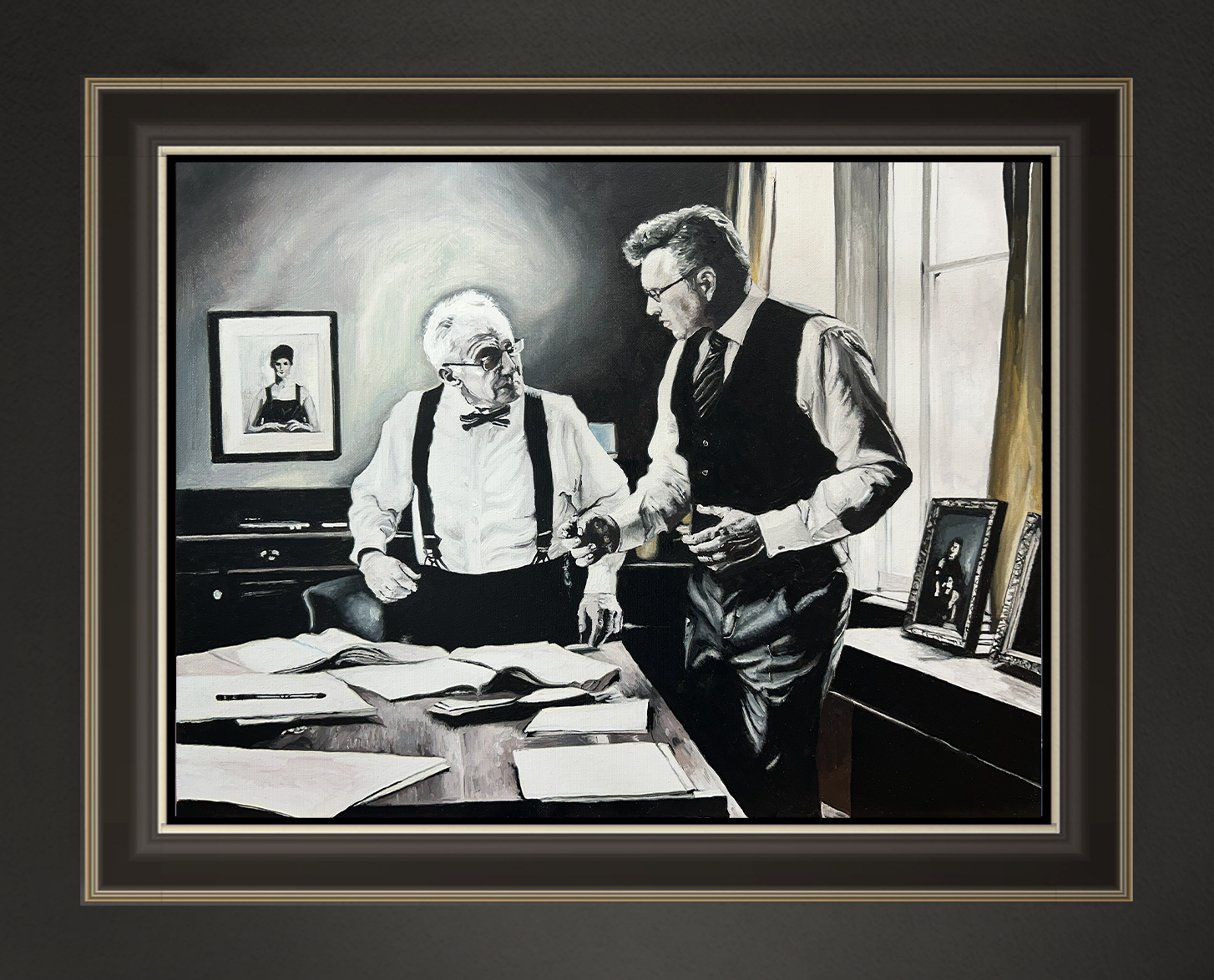 Disput im Arbeitszimmer, 30x40 cm, 2026, Öl auf Malplatte