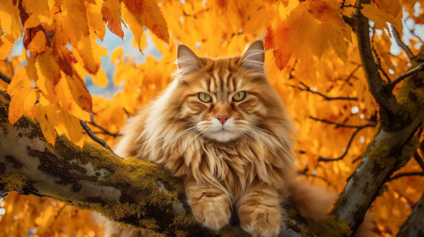 Maine Coone Cat. Autumn | Golden Leaves Canopy