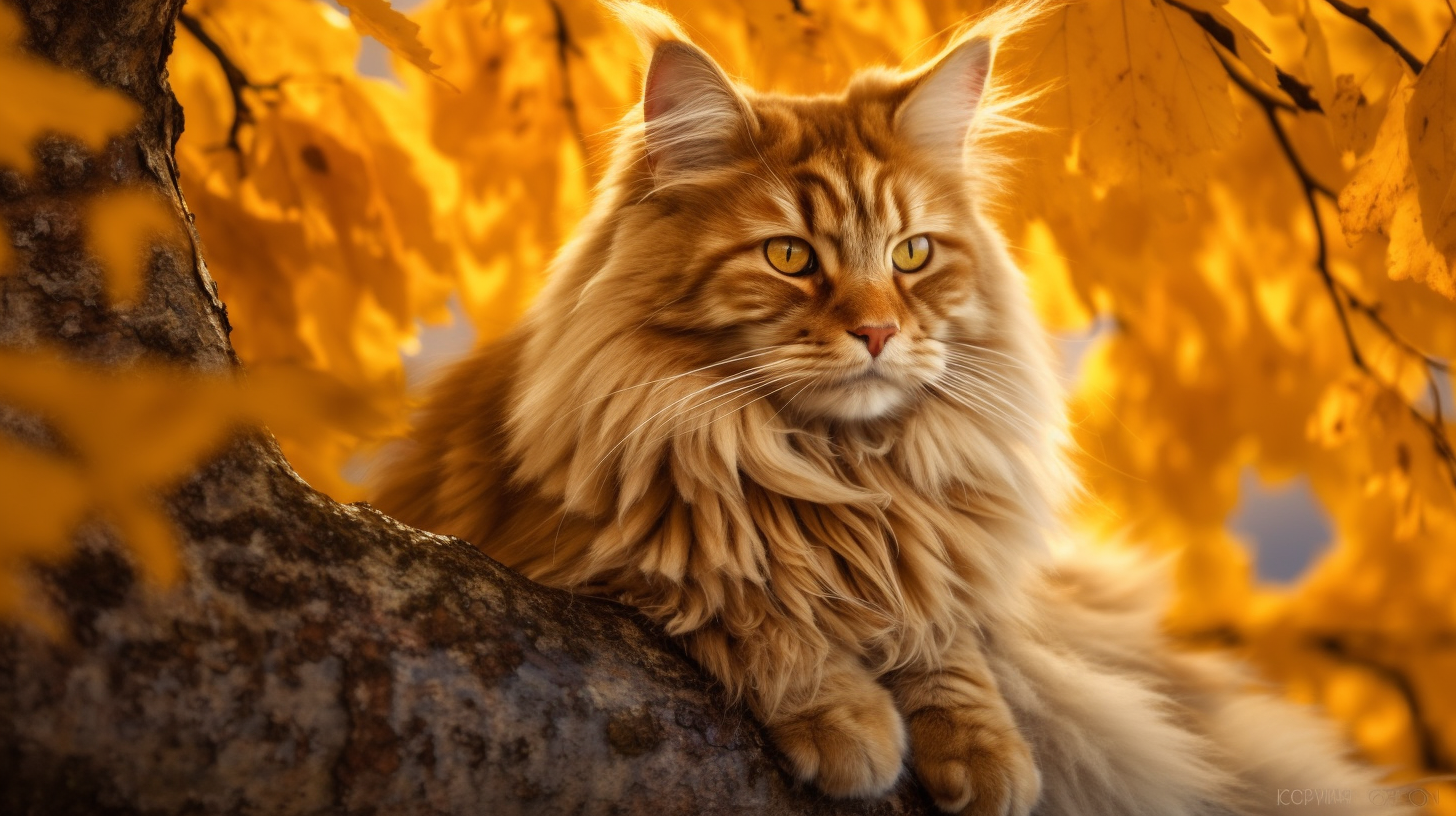 Maine Coone Cat. Autumn | Golden Leaves Canopy