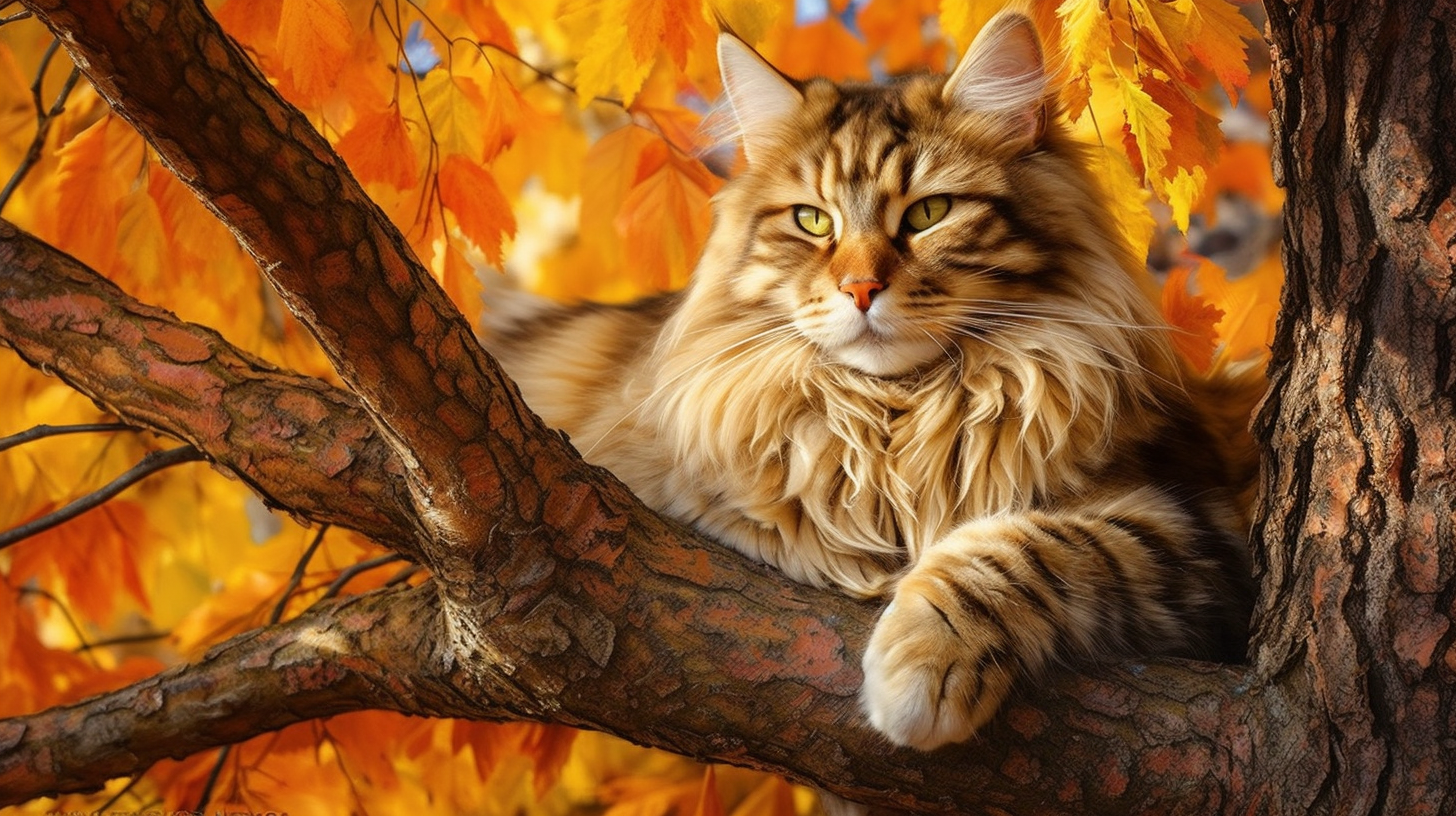 Maine Coone Cat. Autumn | Golden Leaves Canopy