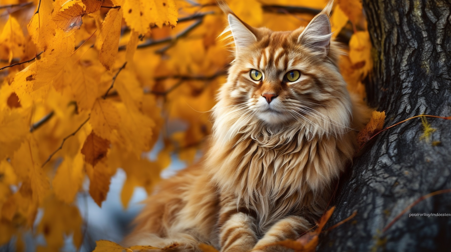 Maine Coone Cat. Autumn | Golden Leaves Canopy