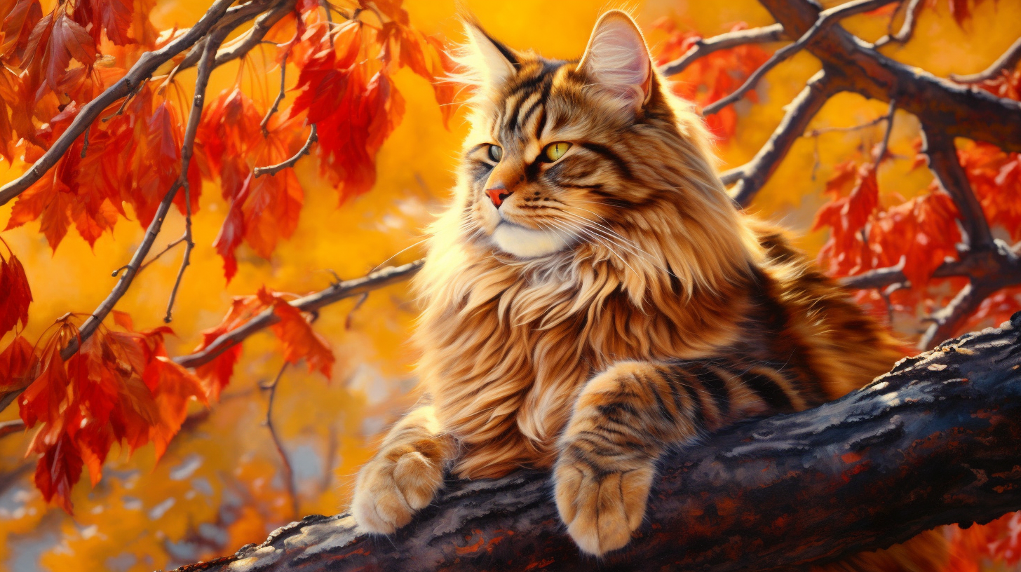 Maine Coone Cat. Autumn | Golden Leaves Canopy