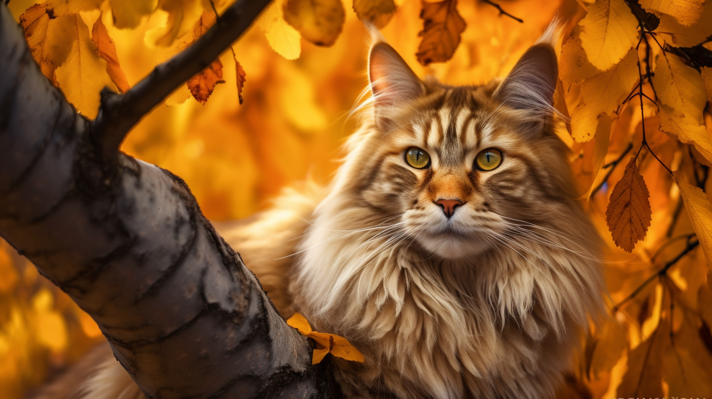Maine Coone Cat. Autumn | Golden Leaves Canopy