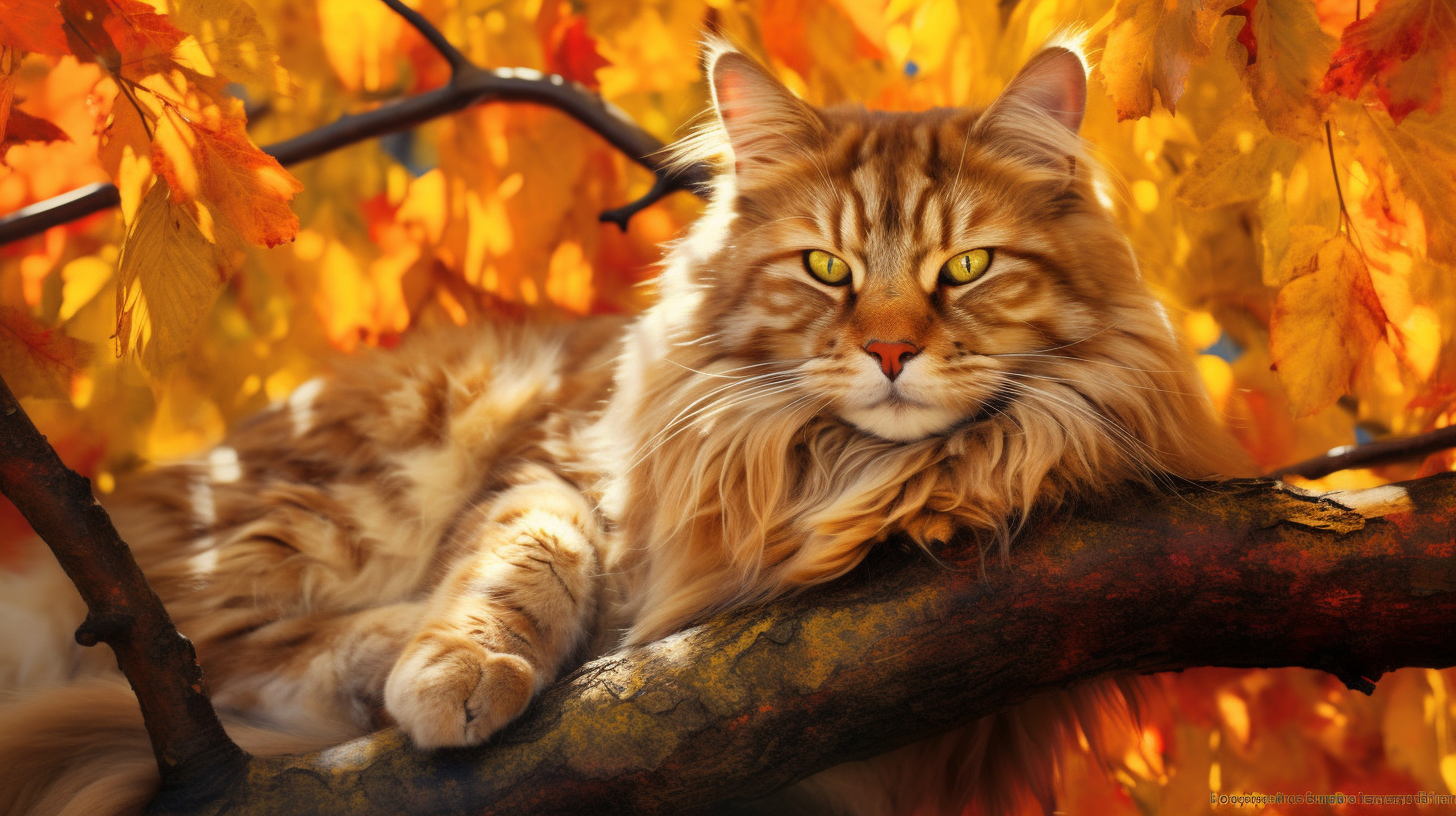 Maine Coone Cat. Autumn | Golden Leaves Canopy