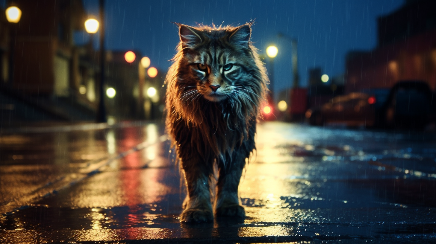 Amidst urban decay, a regal Maine Coon stands, a symbol of lost luxury.