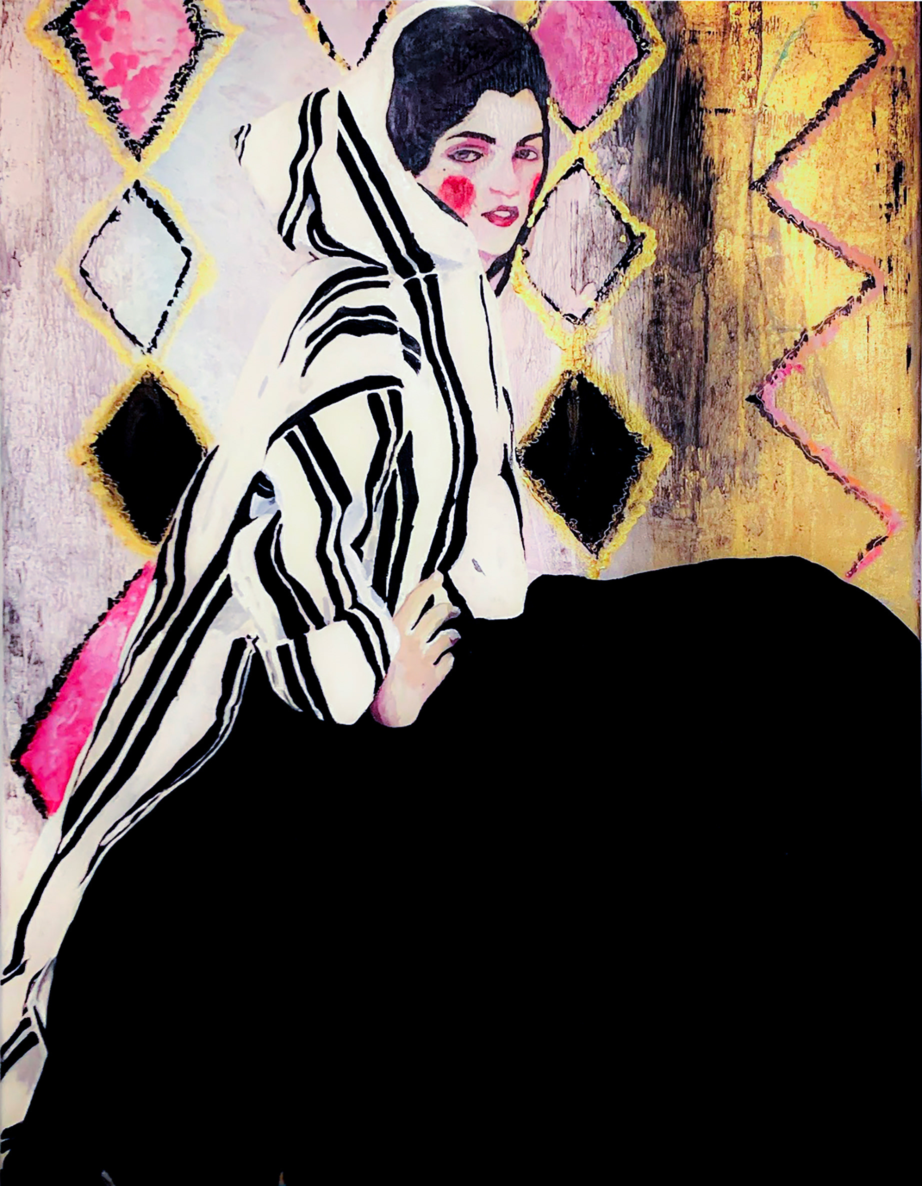 Portrait of a Lady 30"x40" Mixed Media. This work draws inspiration from Gustav Klimt’s Portrait of a Lady, which it combines with the rich textures and patterns of Moroccan heritage
