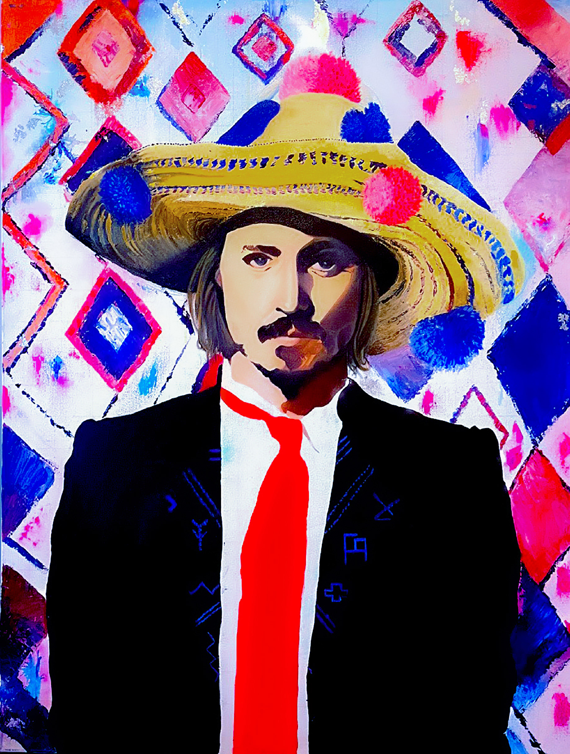 "Johnny Portrait" 36"x48"Mixed Media. Portrait of Johnny Depp has a fascinating blend of Western and Moroccan cultural elements. The combination of contemporary portrait style with Moroccan folk art details creates a unique and eye-catching fusion. It feels like a celebration of both modern and traditional influences.