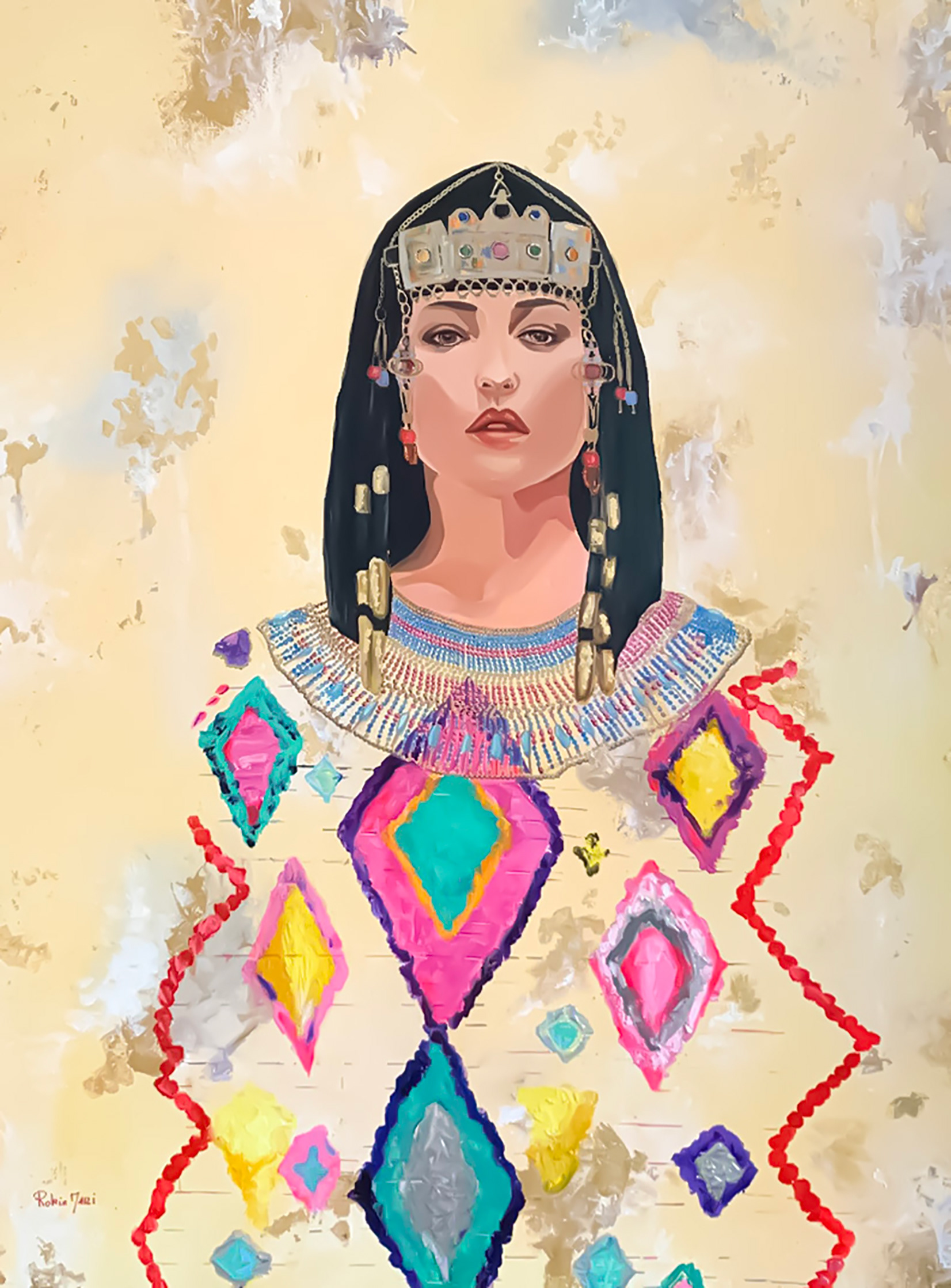 "Mission Berber"Portrait 36"X48"Mixed Media. This artwork is a portrait of Monica Bellucci, inspired by her role in the Cleopatra mission. The background, lightly textured with gold leaf and neutral tones, adds depth, making the figure stand out as both powerful and graceful. This artwork bridges the worlds of ancient Egypt and Moroccan Berber tradition, celebrating the timeless beauty and strength of North African women