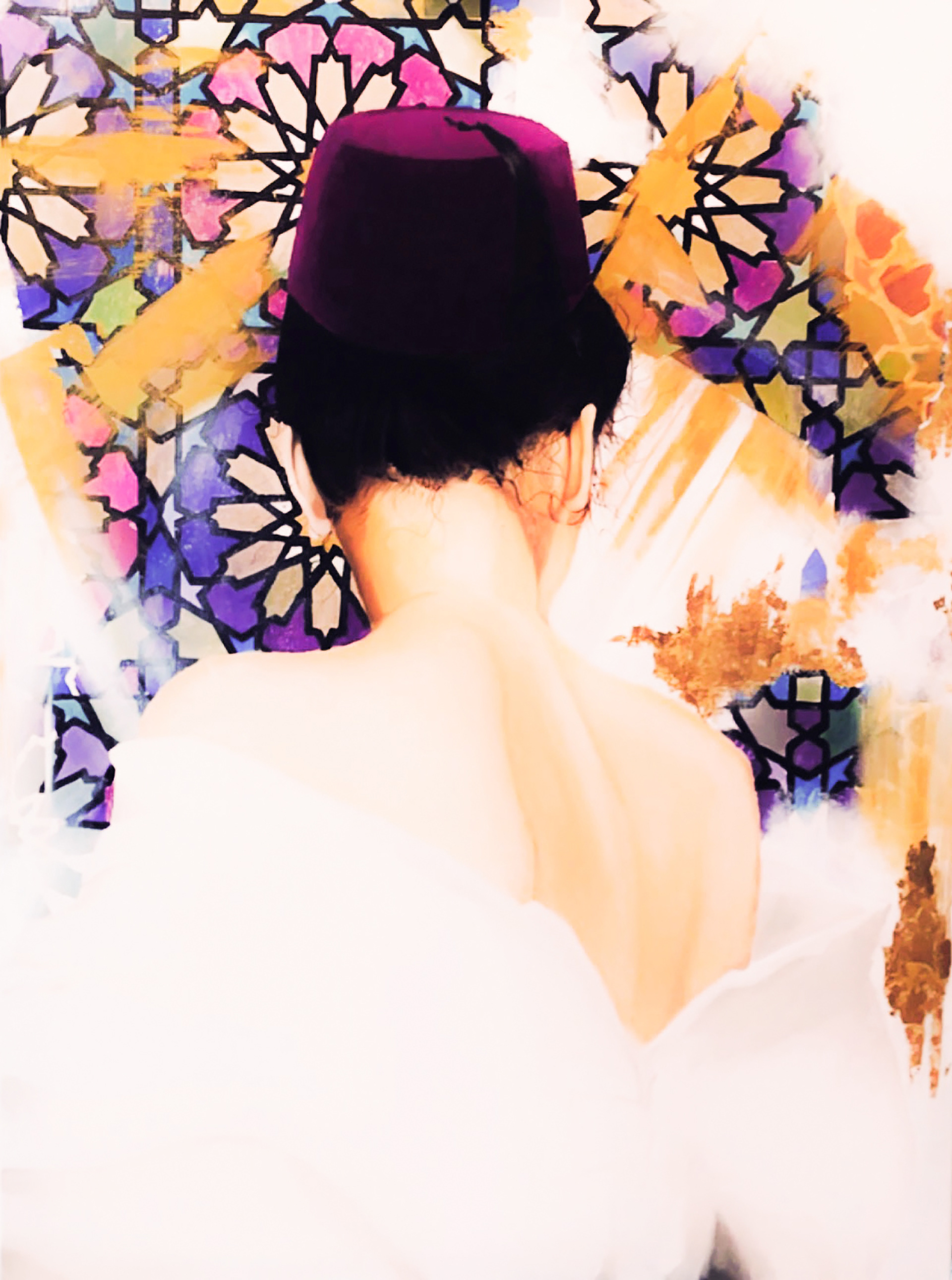 "No title Painting" 36"X48" Mixed Media . This piece captures a moment of quiet introspection, blending traditional Moroccan influences with modern portraiture. 