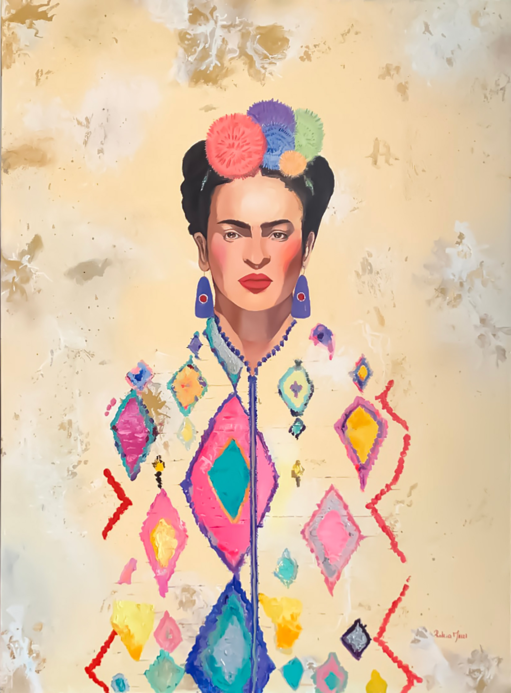 "Farida"Portrait " 36"X48" Mixed Media. Portrait of Frida Kaolo beautifully merges her image with Moroccan artistry, creating a cross-cultural celebration of color, identity, and heritage.