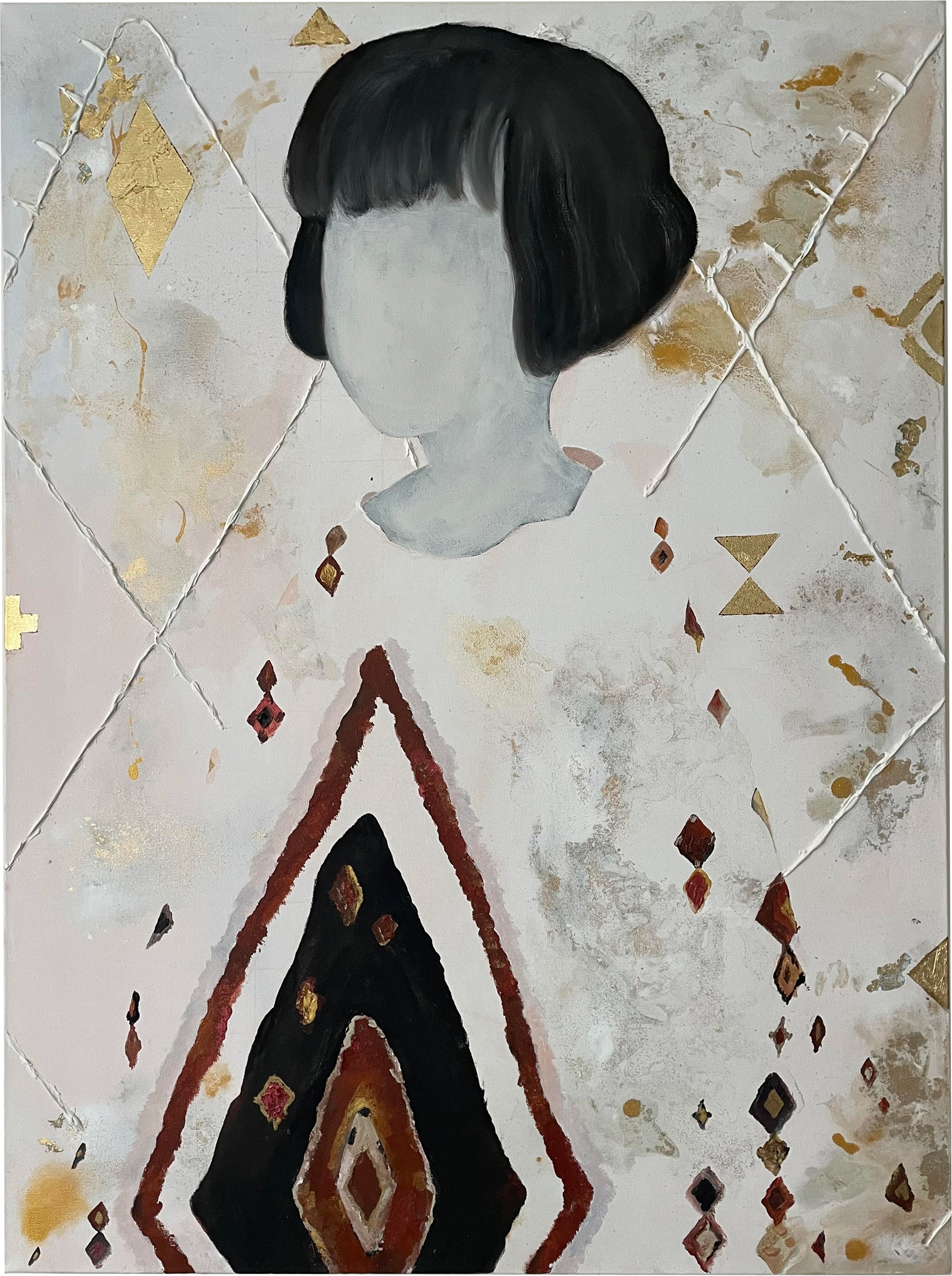 Fillette 60"x40" (2pieces) Mixed Media This artwork are a personal and introspective pieces, inspired by a portrait of the artist from her youth. The faceless figures, depicted from the shoulders up, reflects a memory or essence rather than a literal self-representation. The dark bob haircut, a defining feature, draws from the artist’s own image, capturing the simplicity and innocence of childhood or adolescence.