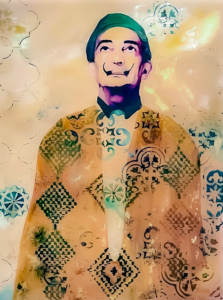Haje DALI 36"x48"Mixed Media. A portrait of Salvador Dalí reimagined with Moroccan style, blending surrealism with traditional patterns and clothing.
