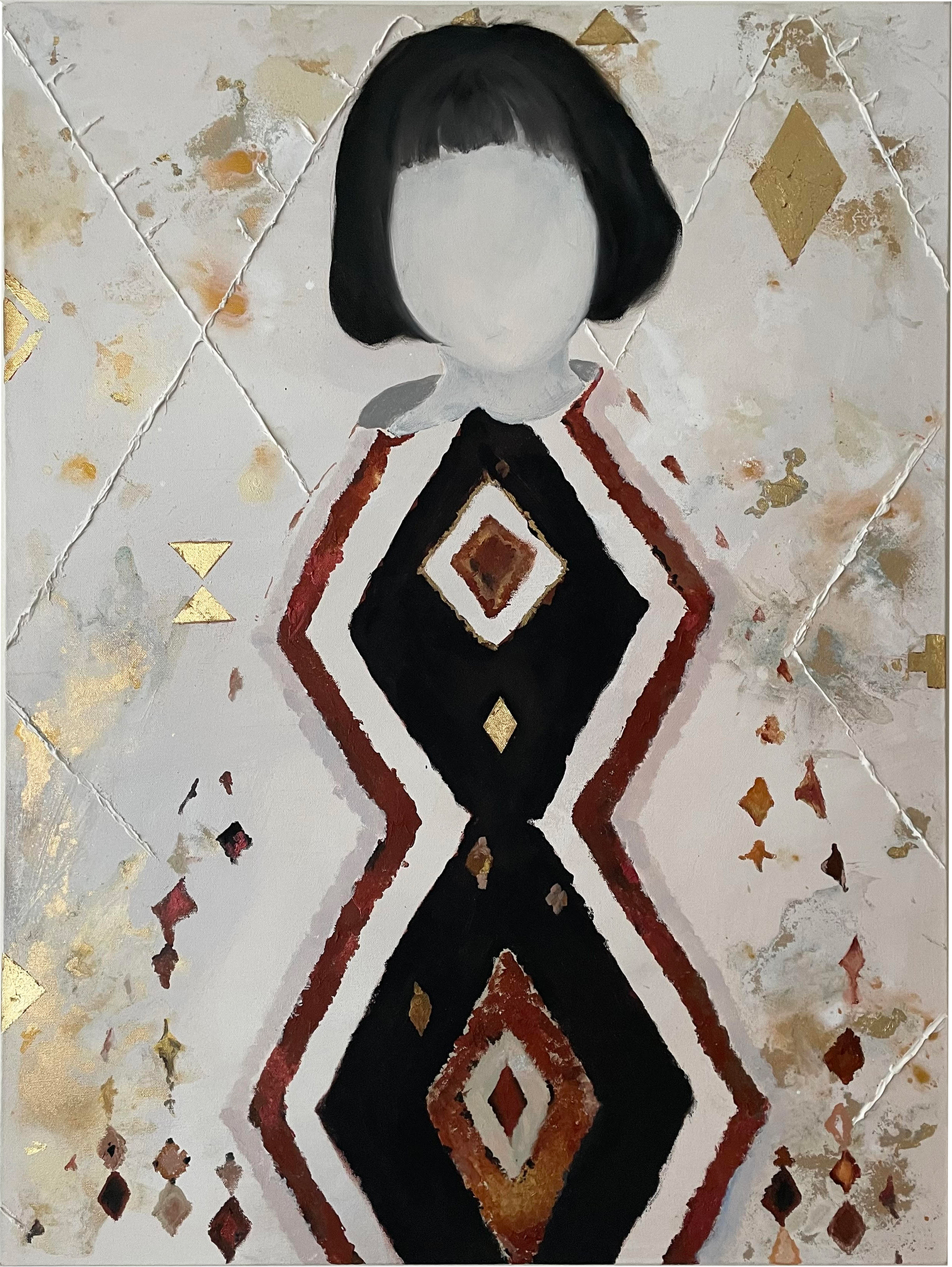 By merging elements of personal history with cultural design, the piece tells a story of identity, memory, and the blending of past and present. The absence of facial features allows the viewer to focus on the emotions and cultural influences embedded in the work, creating a universal reflection on self and heritage.