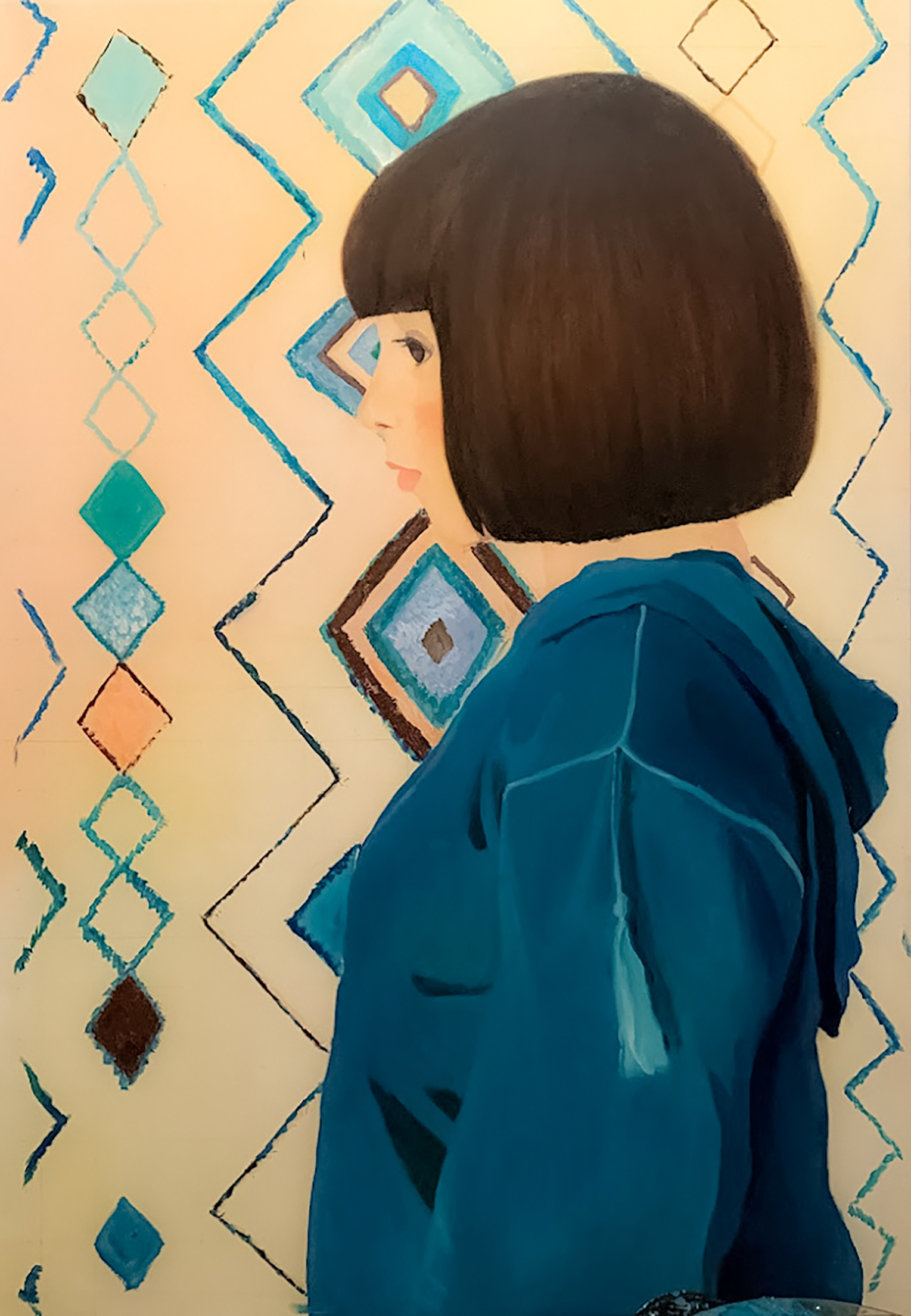 "Helen in Djelaba"52"x72" Oil Paint A portrait inspired by Klimt, featuring a model wearing a traditional Moroccan djelaba embroidered with Berber patterns, blending romance and cultural beauty.