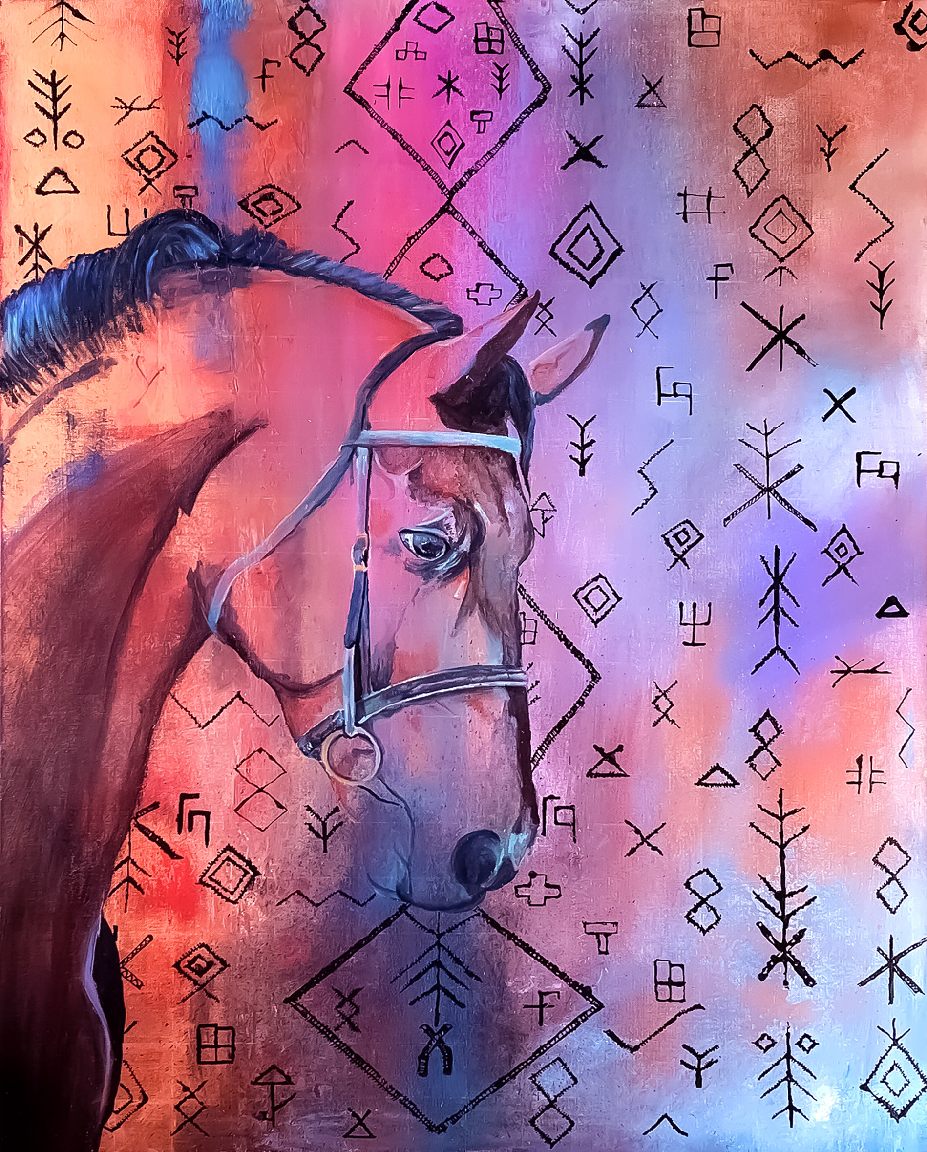 l'Aoud (the horse) 30"x40" Mixed Media A powerful horse adorned with Berber symbols, blending natural strength with cultural heritage and ancient storytelling..