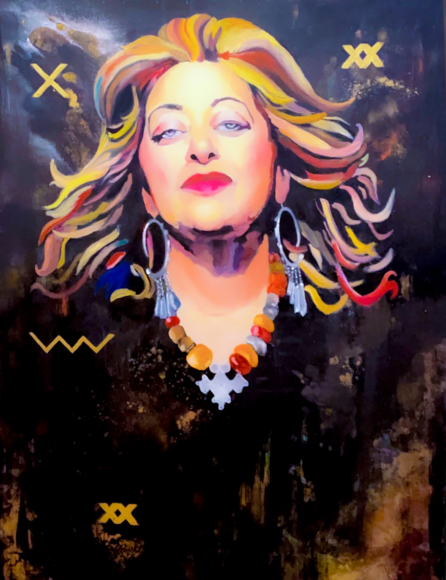 ZAHA Portrait 36"x48" Mixed Media. A dynamic portrait of Zaha Hadid, combining bold color, flowing forms, and symbolic detail to reflect her visionary style.