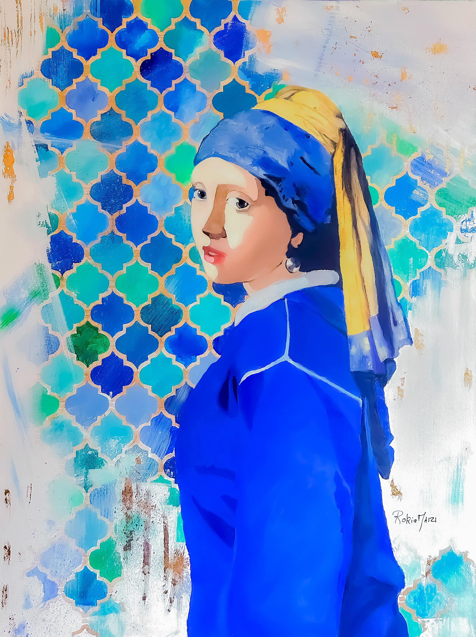 "Girl with a pearl earrings"36"x48" Mixed Media A reimagining of Vermeer’s classic with Moroccan tile patterns, bold colors, and a modern cultural twist