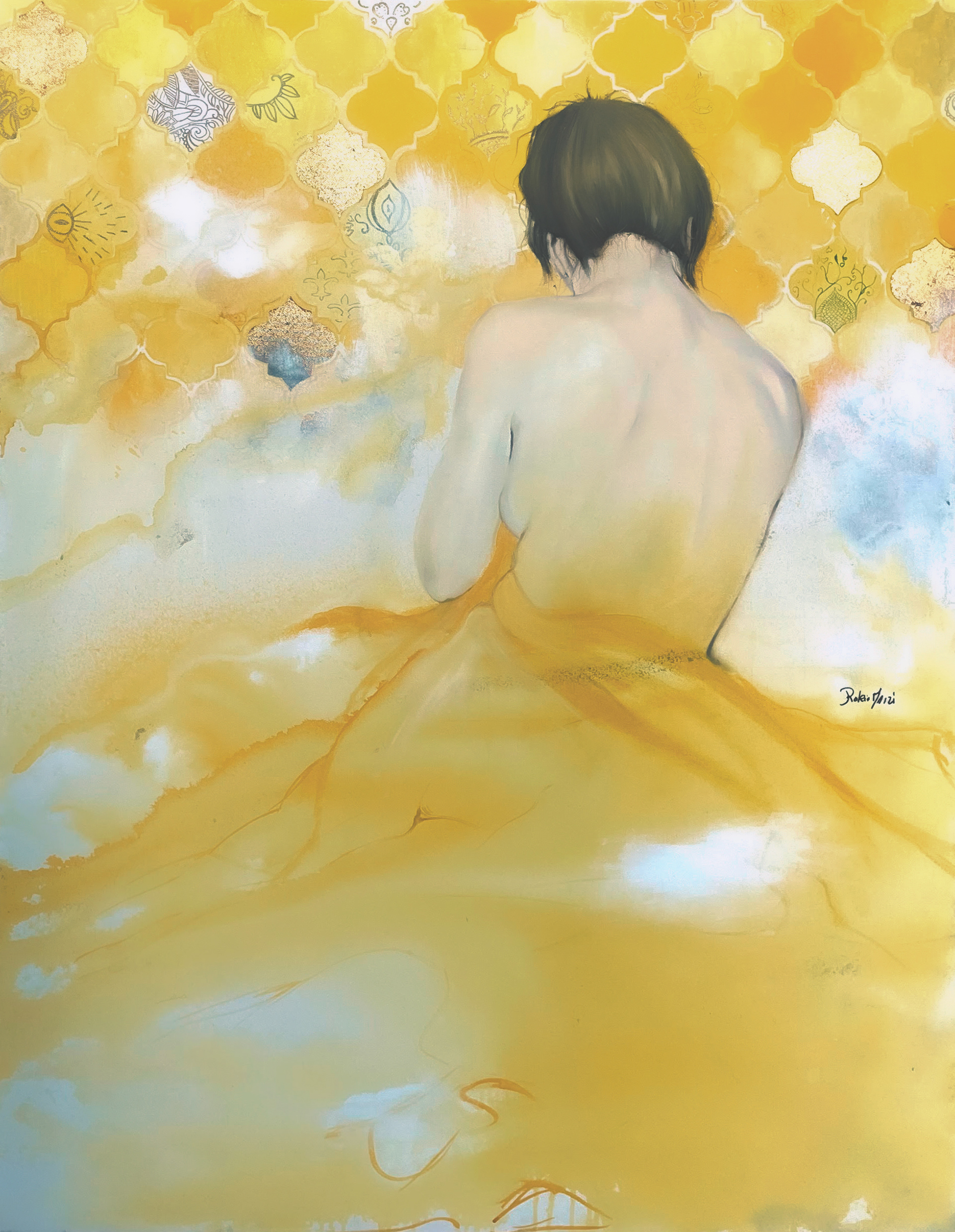 "From Liang’s Nude to My Patterned Soul"36"x48" Mixed Media Blending Roberto Liang’s expressive painting style with Moroccan ornamentation