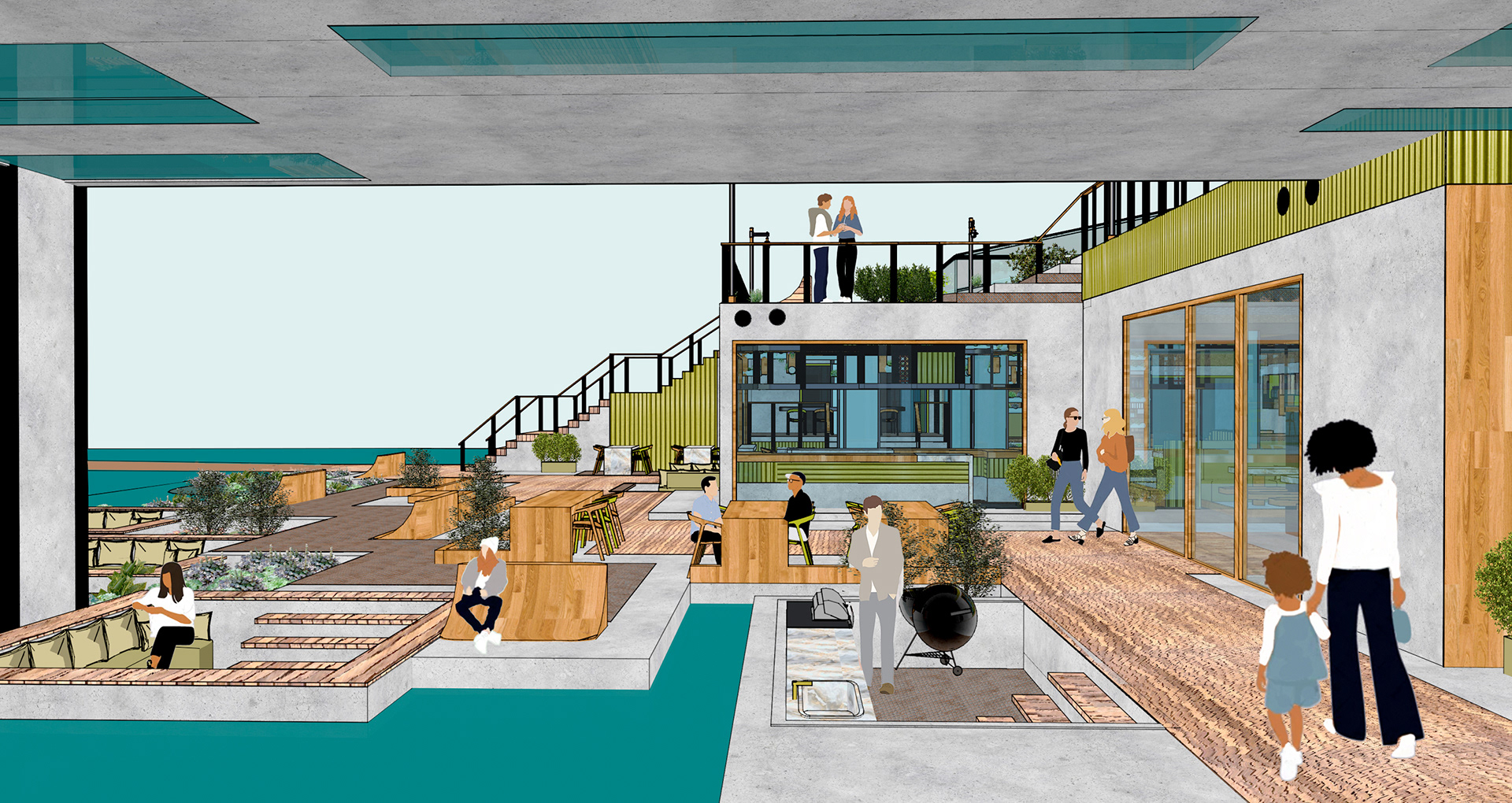 terrace with a barbecue area ,part of the workshop