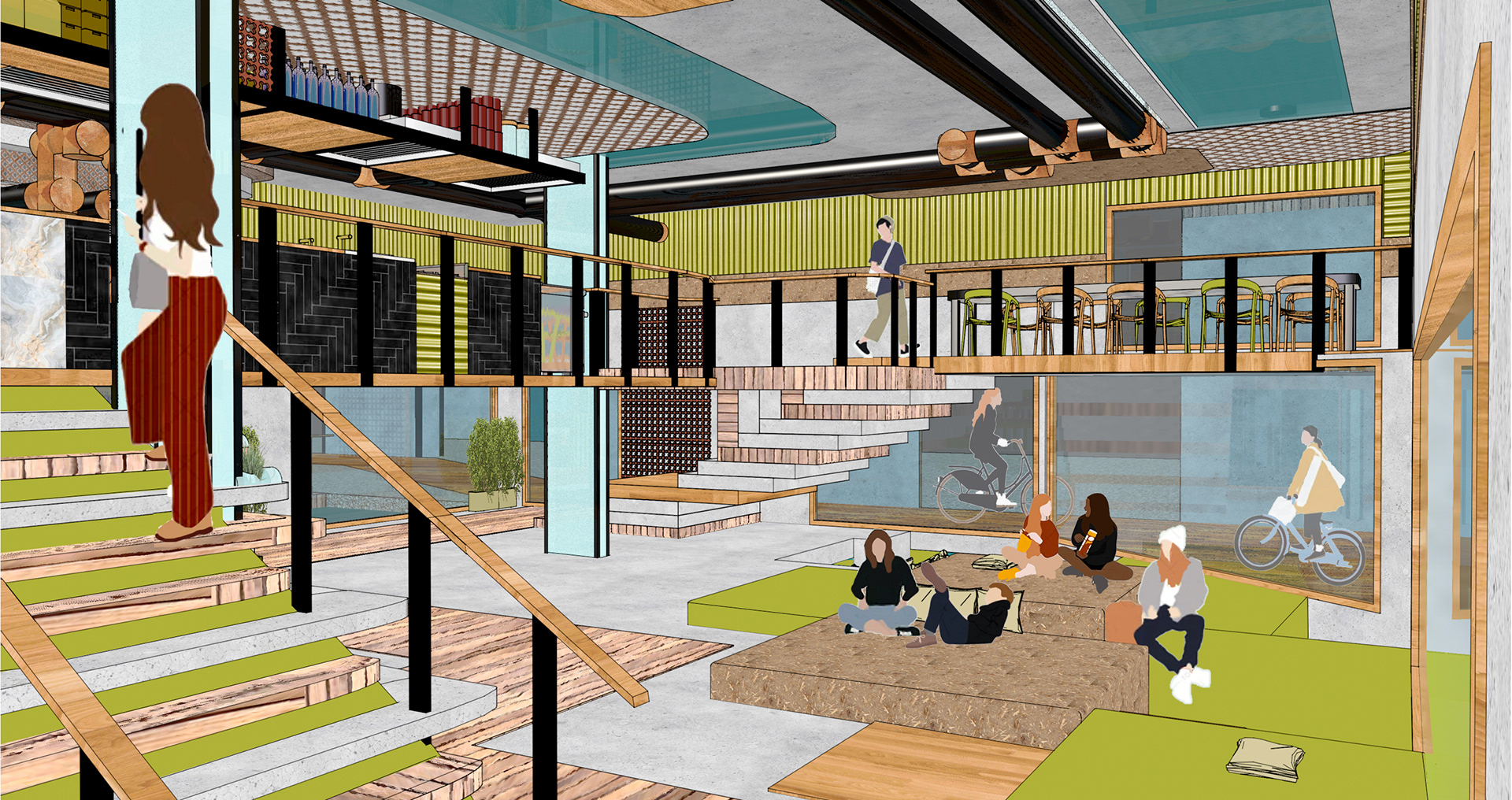 workshop and relaxing area on levels
