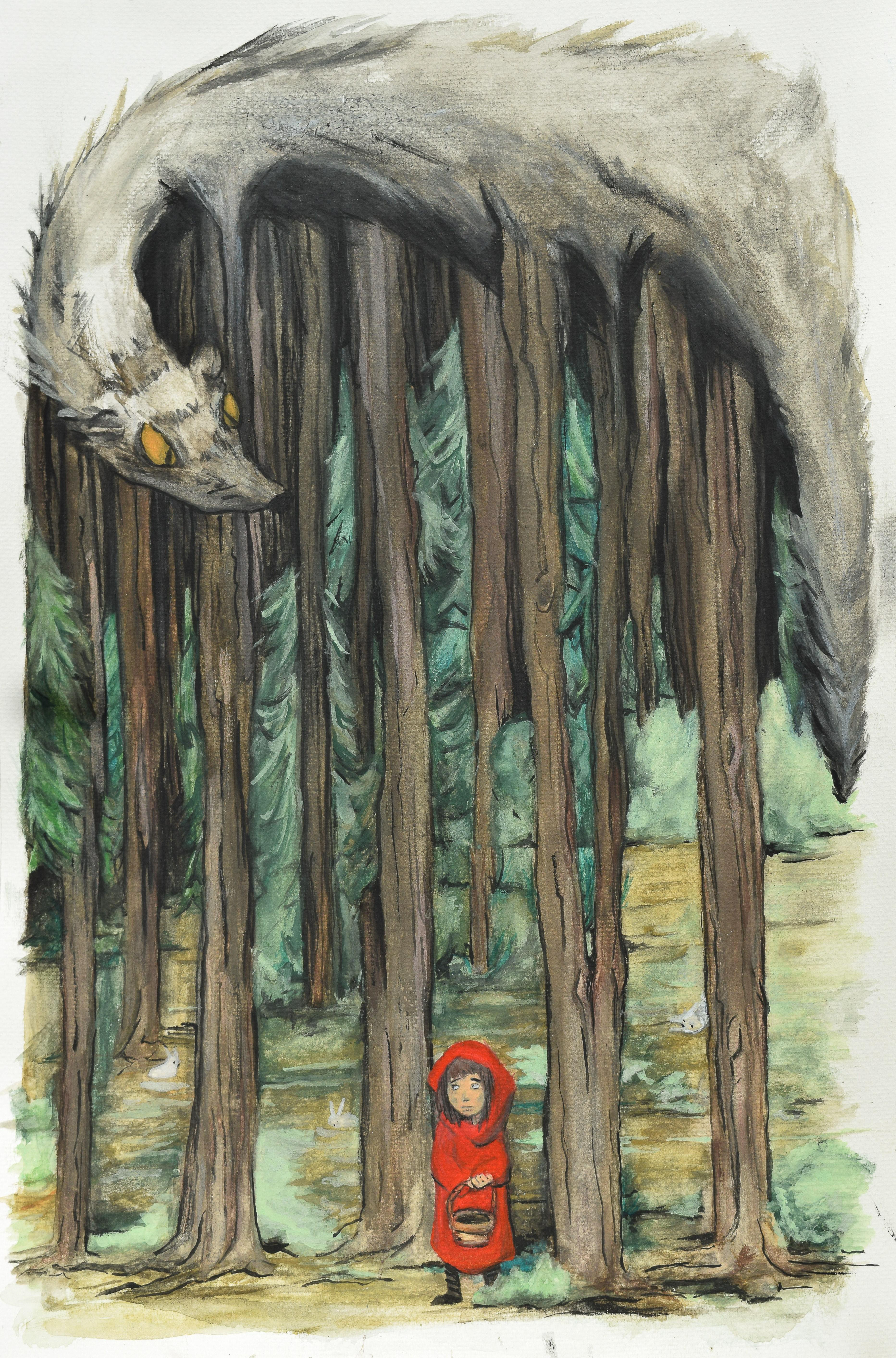 A watercolor painting of Little Red Riding Hood in the forest