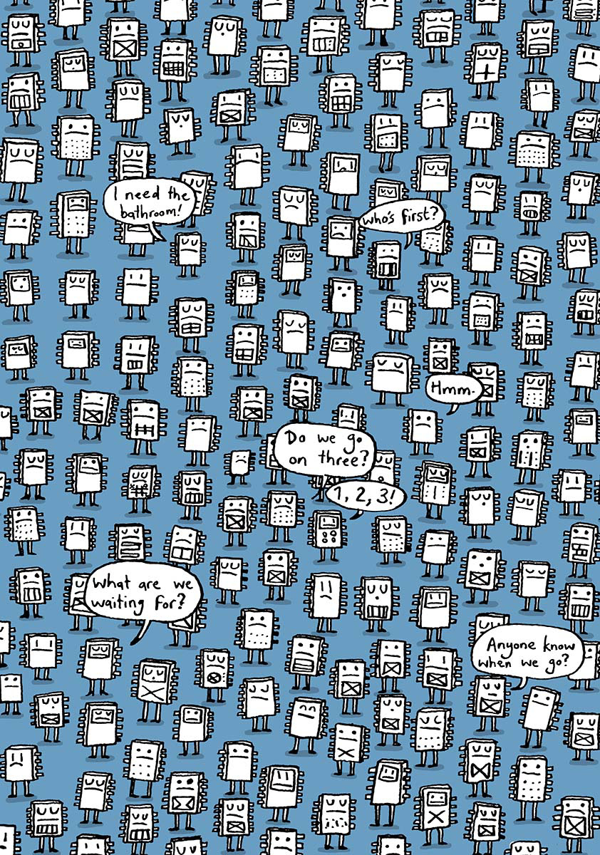 Illustration for New Scientist magazine. Article on "Parallel sparking: Many chips make light work"