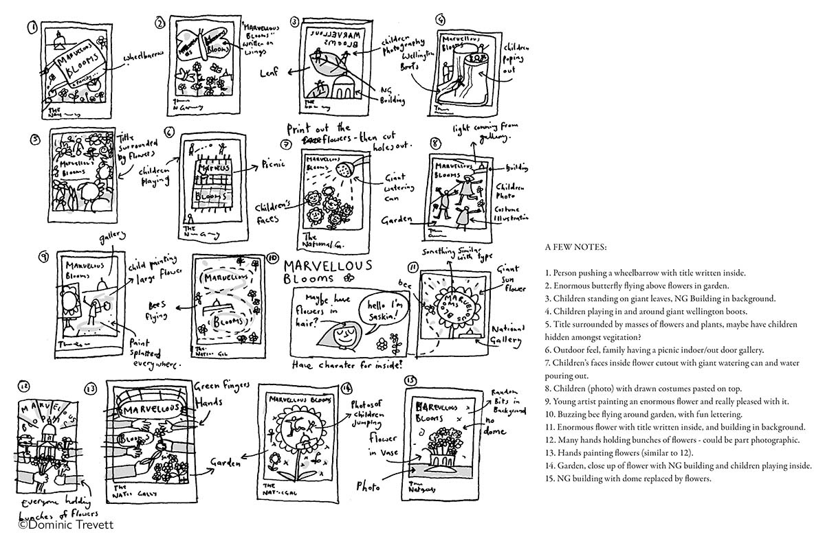 Rough ideas for Marvellous Blooms work book cover.