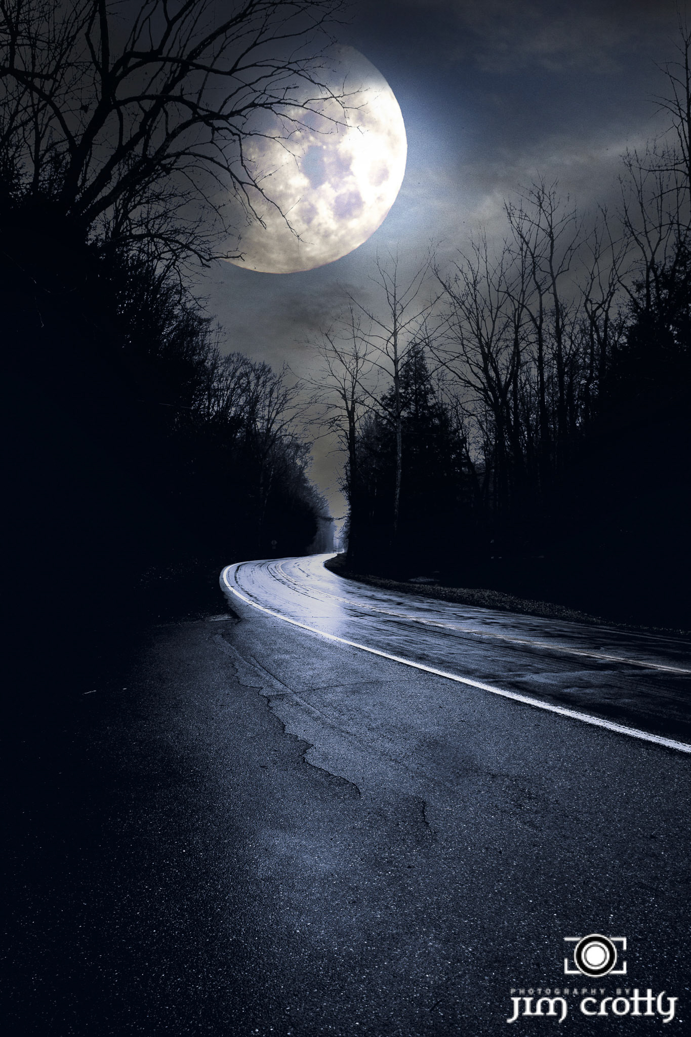 Digital art composite photography of Moon and State Route 56 through Hocking Hills, Ohio by Jim Crotty